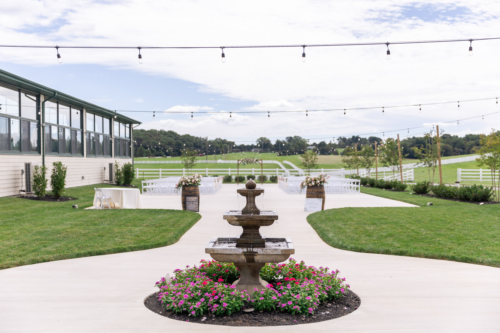 View of ceremony space with fountain at Vignon Manor Farm