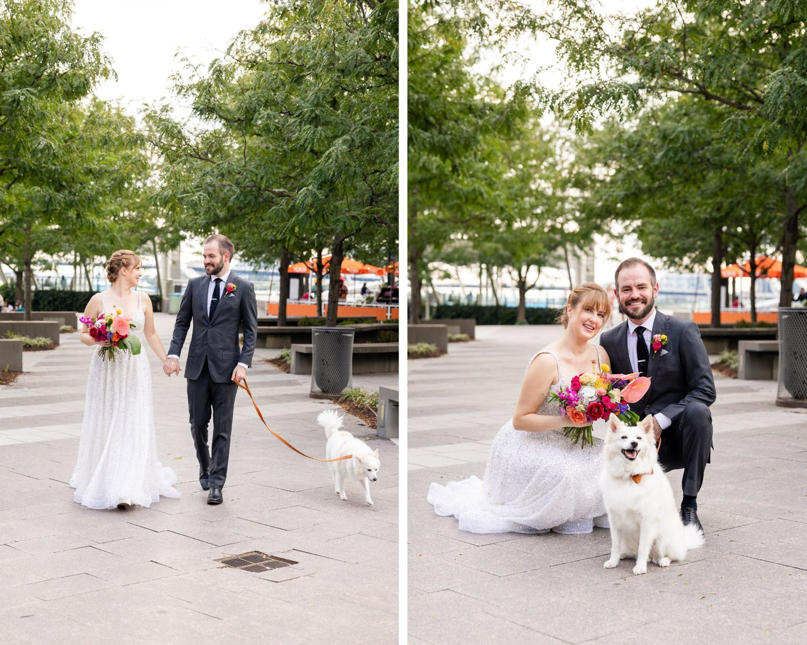 Couple posing for bridal portraits with dog for District Winery Wedding