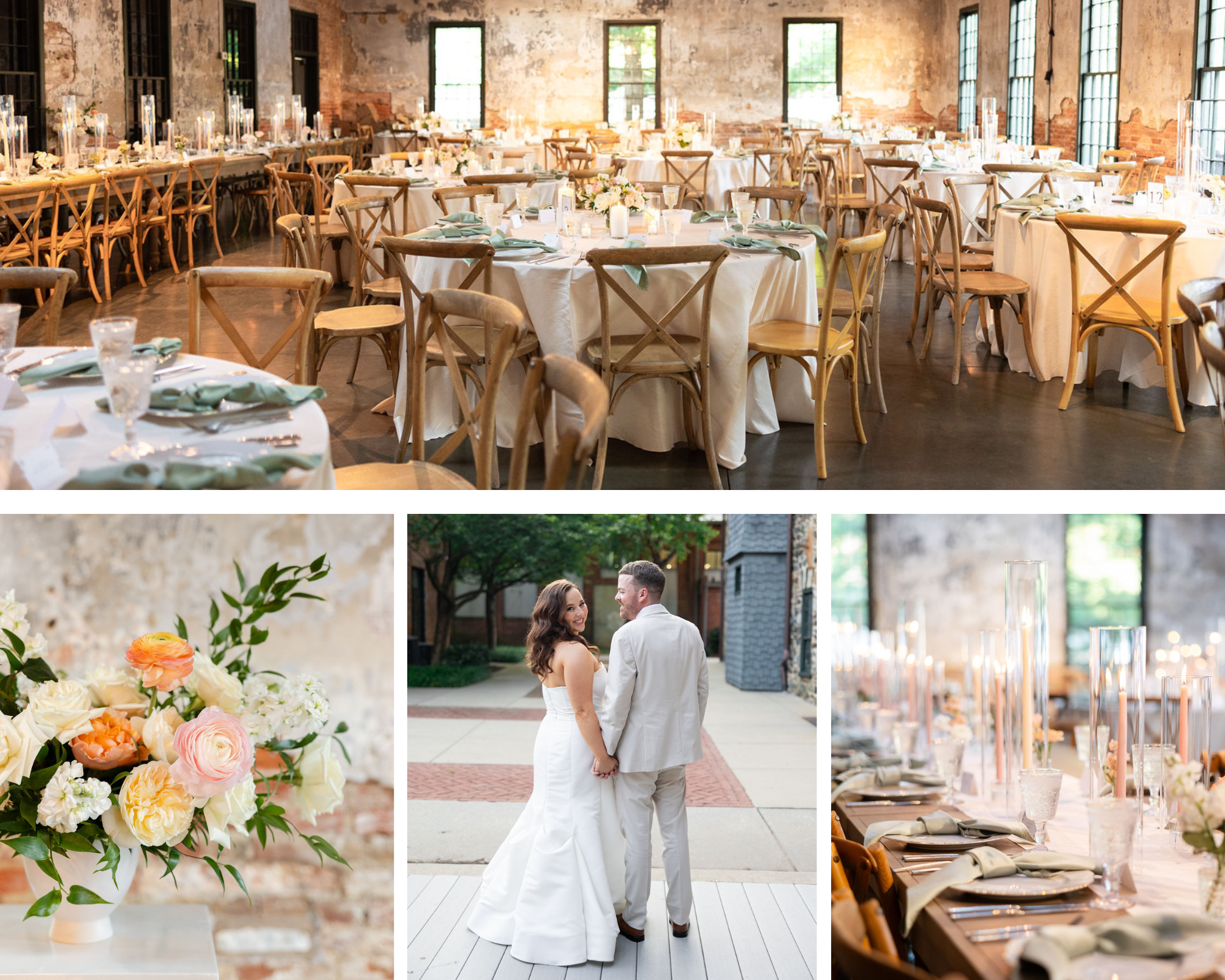 Images of a wedding at Mt Washington Mill Dye House, with candlelit dinner reception