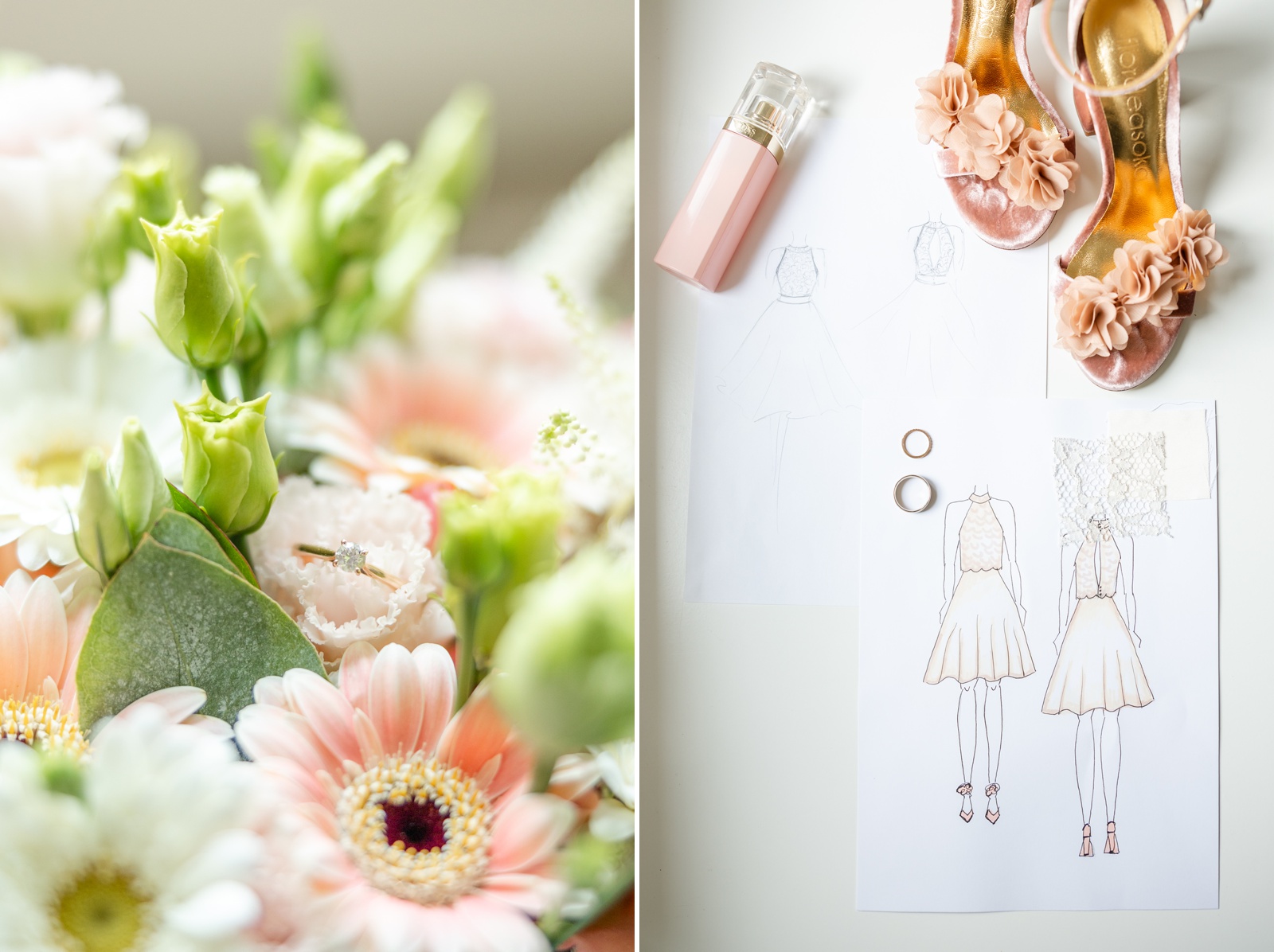 Custom wedding dress sketch next to flowers and a diamond ring.