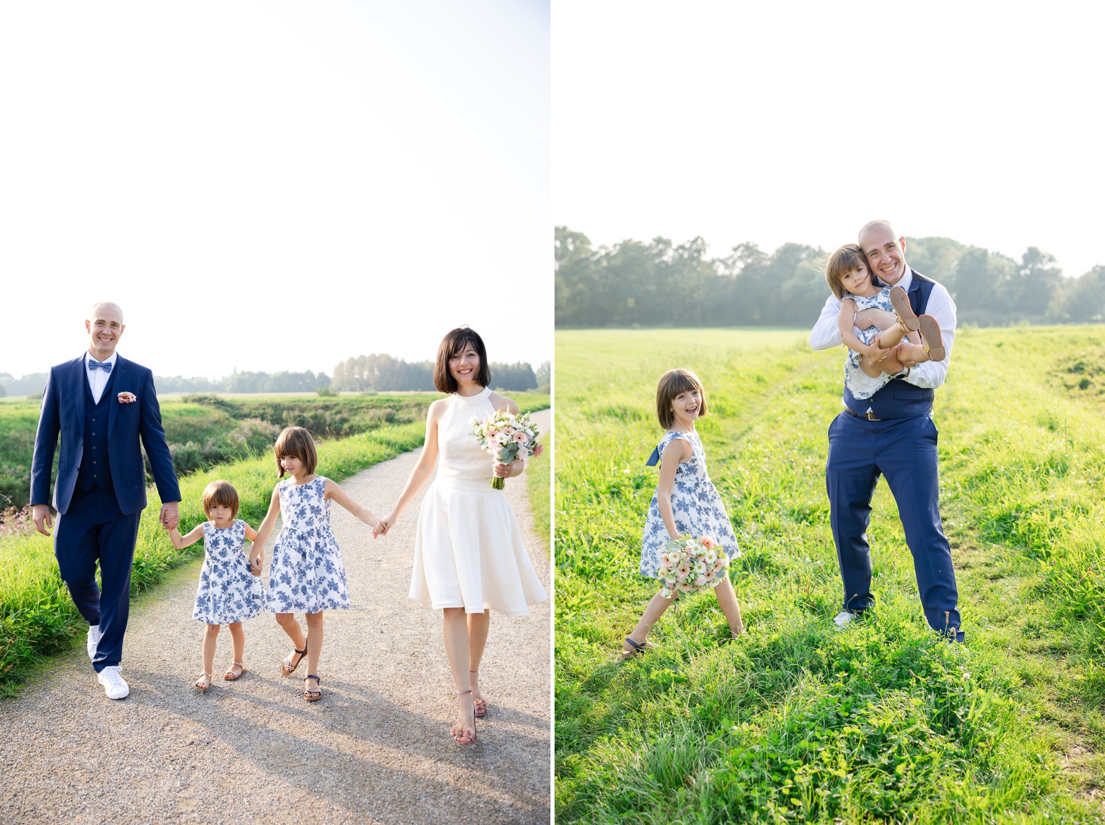 Family portraits of a bride and groom and their two daughters in a park in Belgium