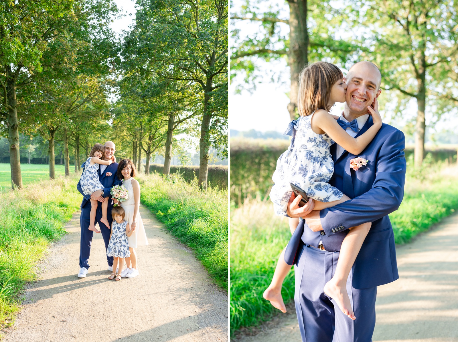 Family portraits of a bride and groom and their two daughters in a park in Belgium