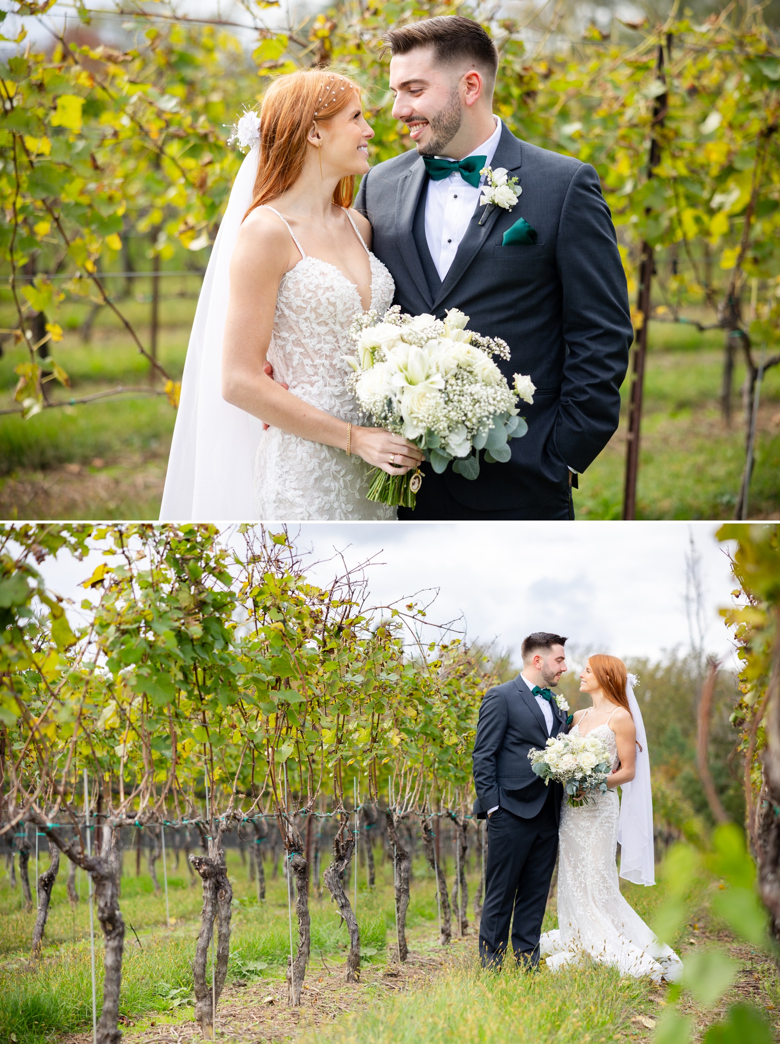 Bride and groom pictures in the vineyard at The Inn at Grace Winery, surrounded by fall leaves