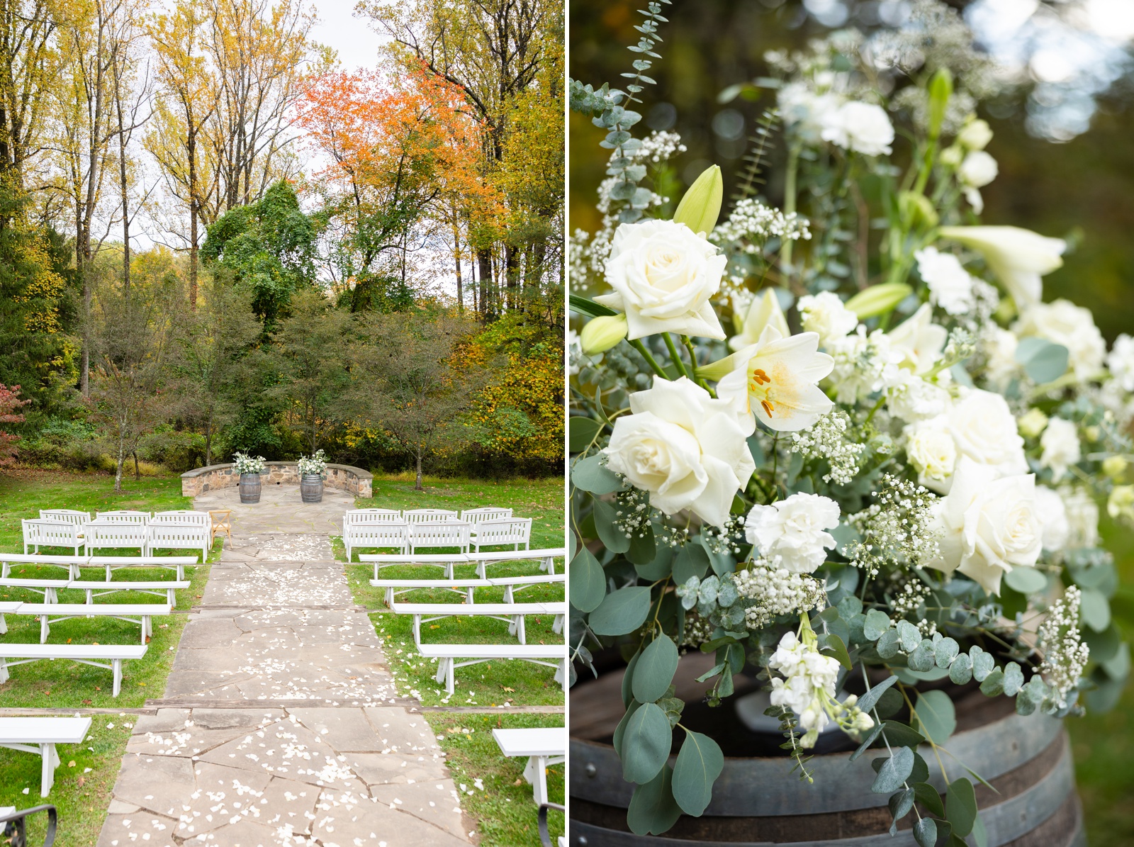 White floral arrangement filled with lilies, roses, and gypsophila on top of a wine barrel