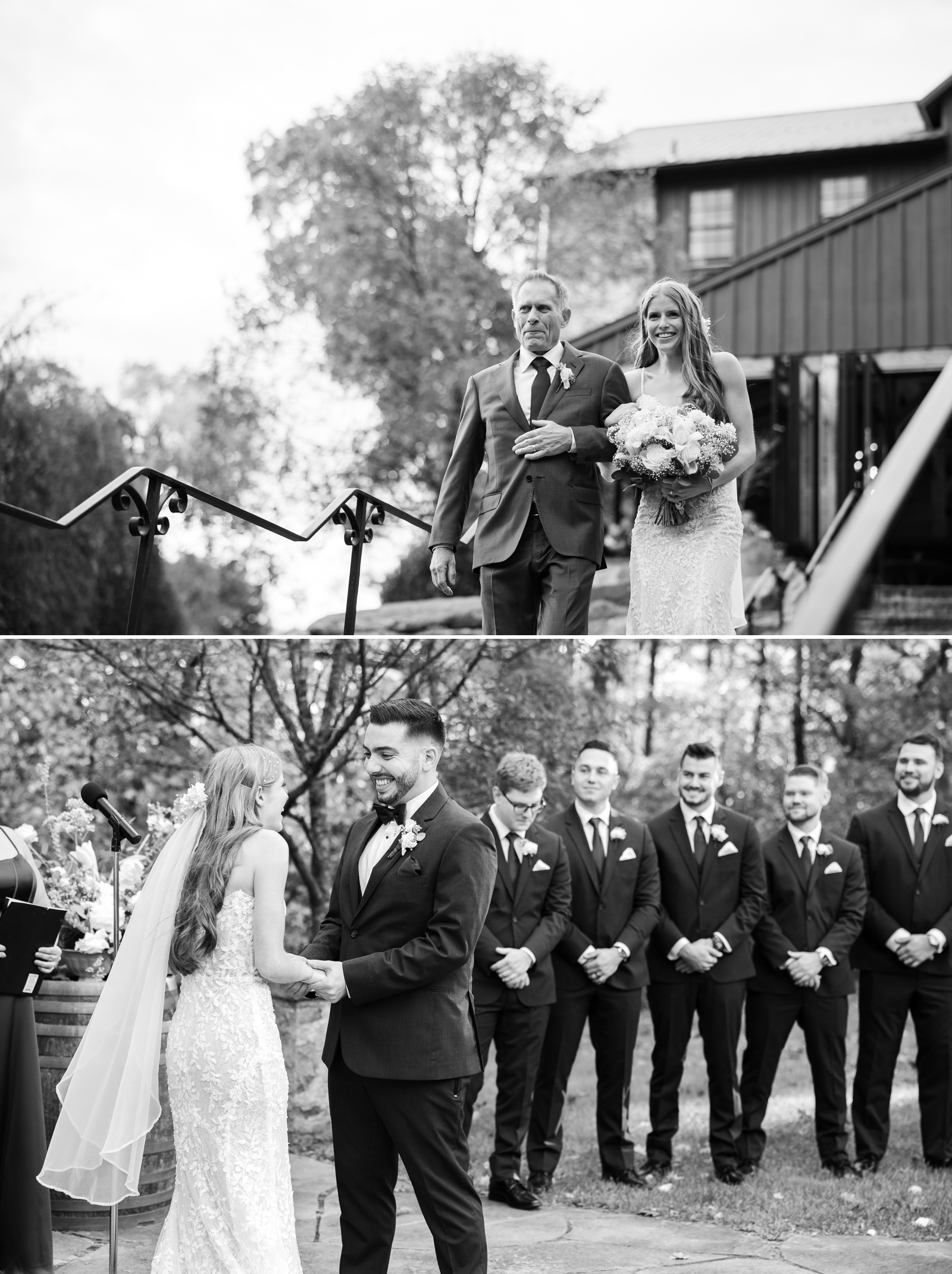 Outdoor wedding ceremony at The Inn at Grace Winery, with the bride walking down the aisle with her father