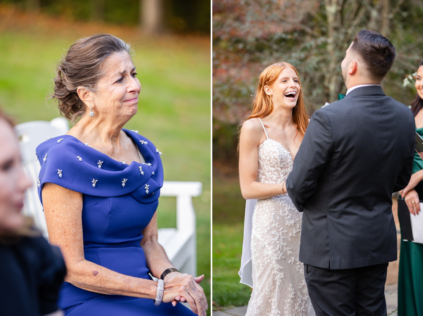 Outdoor wedding ceremony at The Inn at Grace Winery, with a detail of the mother of the bride