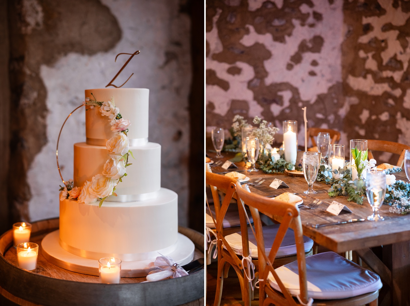 Wedding cake decorated with a gold floral hoop and silk ribbon, for a cozy indoor wedding reception in Pennsylvania 