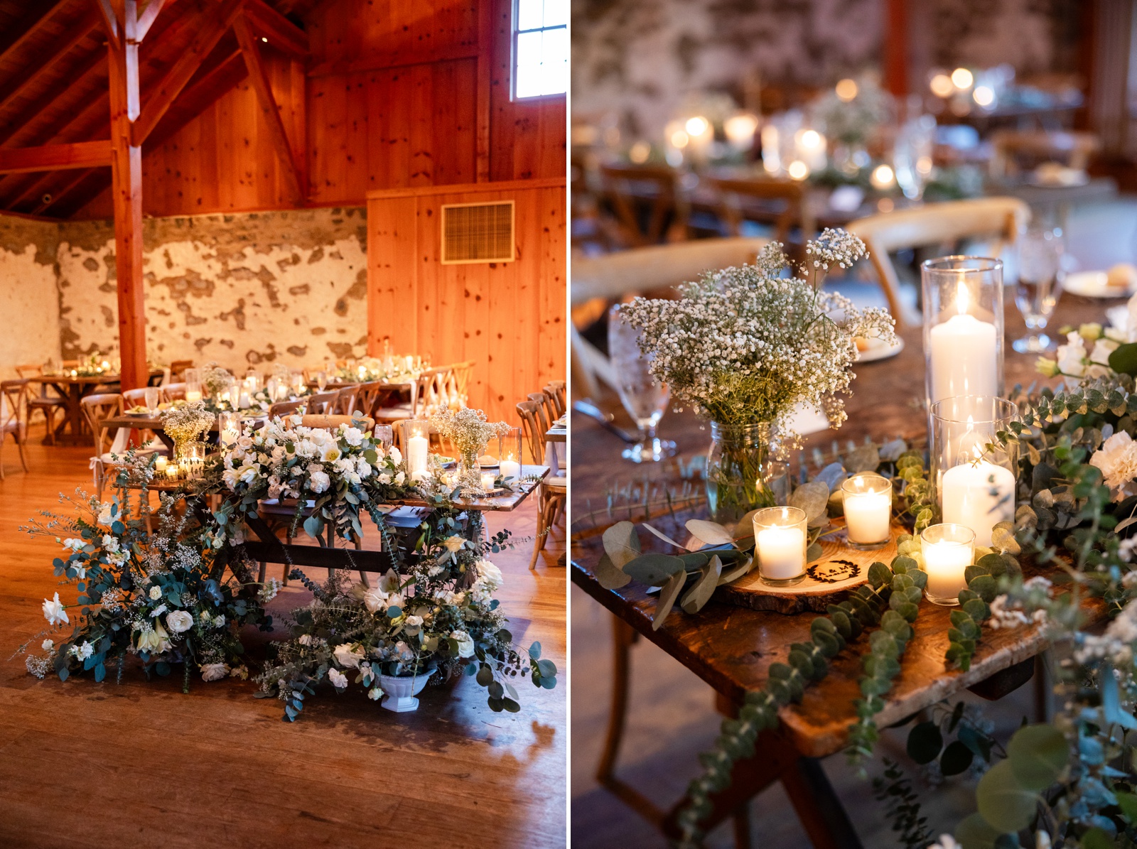 Wedding reception at The Inn at Grace Winery, with eucalyptus, babies breath and all white flowers