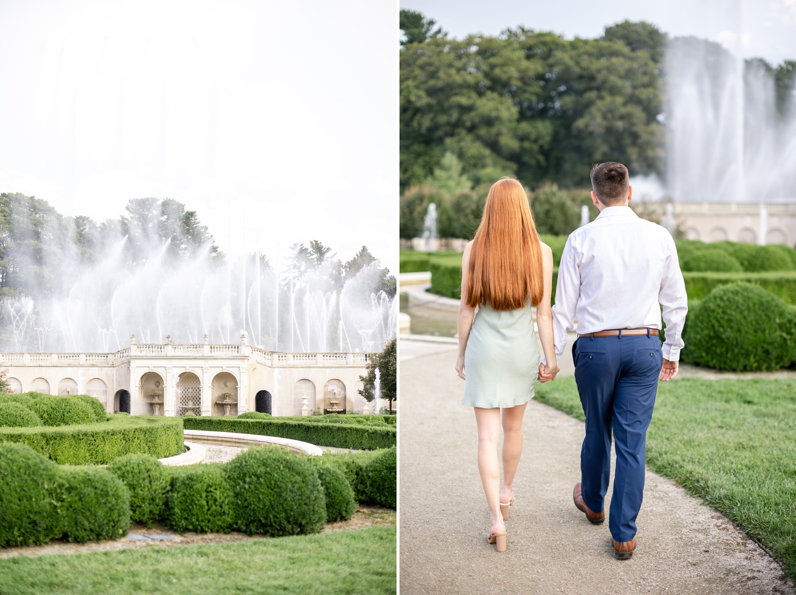 Engagement session at Longwood Gardens, with the fountains on display at sunset.