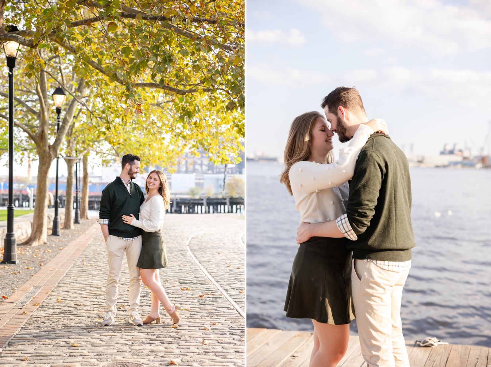 East Coast engagement session at Bells Point in Baltimore, with photos on the cobblestone streets and at the Harbor