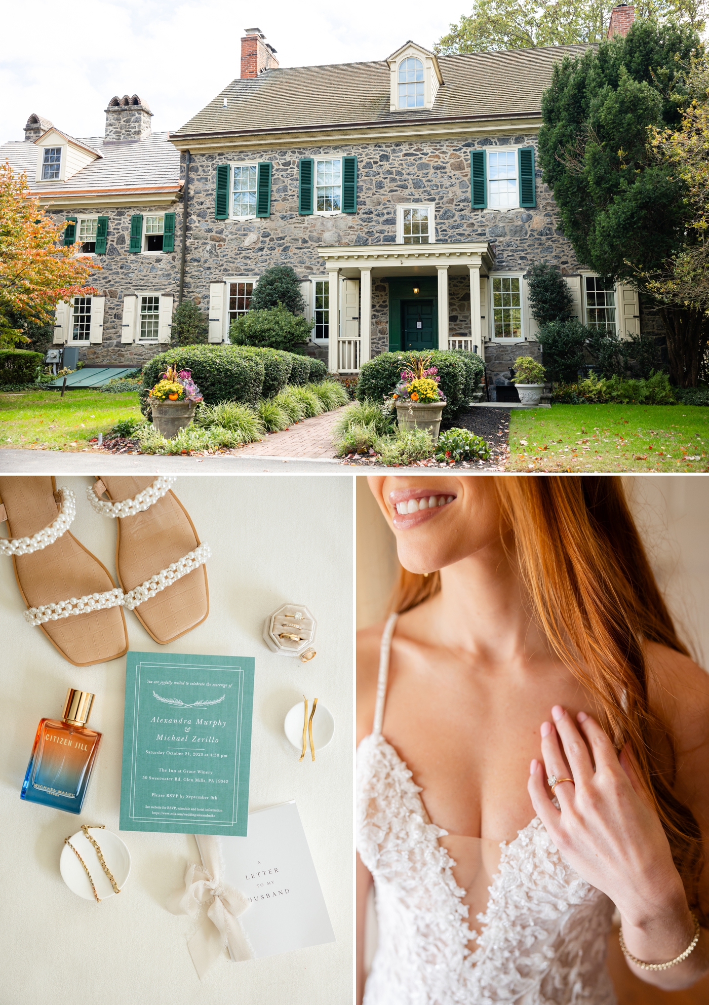 Bride getting ready at The Inn at Grace Winery, with turquoise wedding invitations