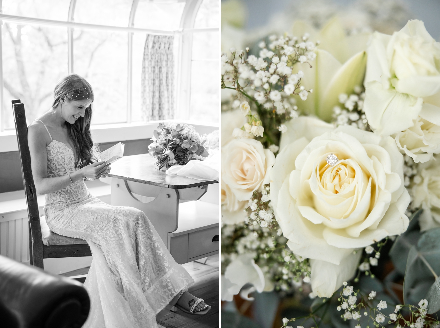 Bride reading a letter from her husband before their first look at The Inn at Grace Winery