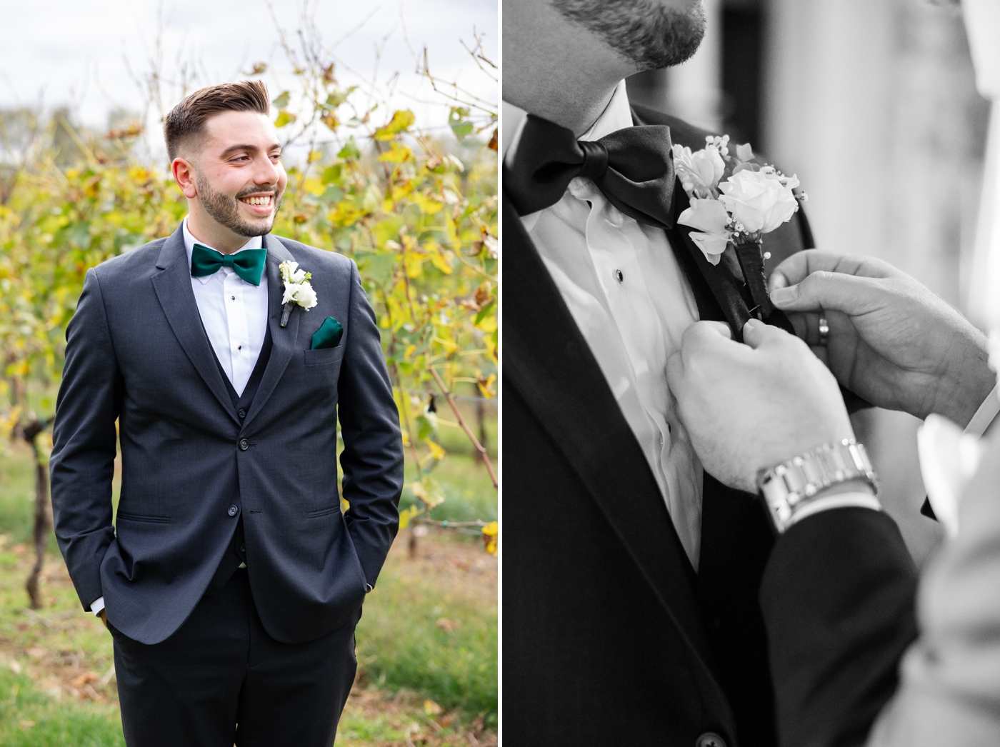 Groom getting ready at The Inn at Grace Winery, wearing a black suit with white rose boutonniere