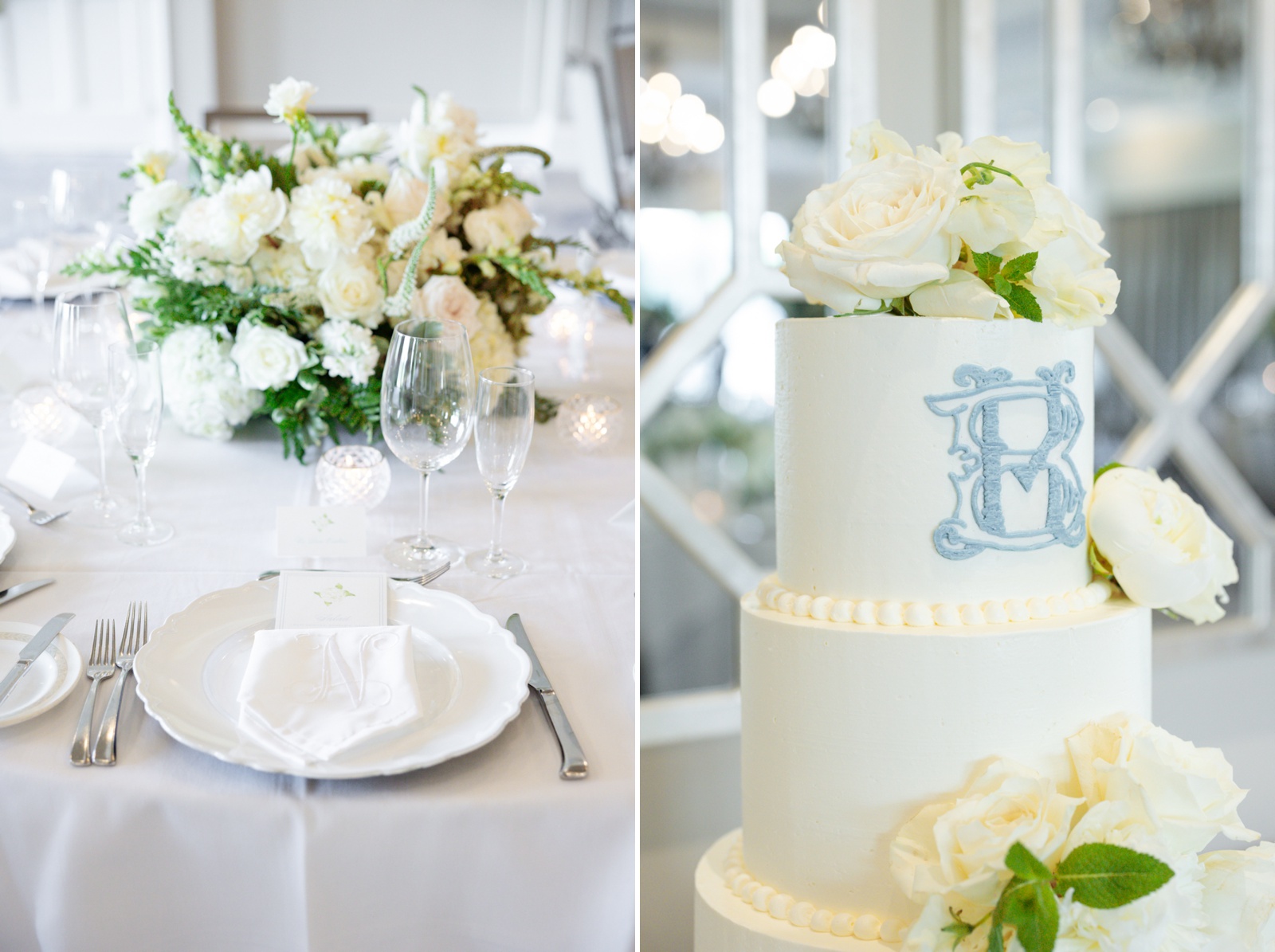 Wedding cake decorated with a blue custom monogram crest