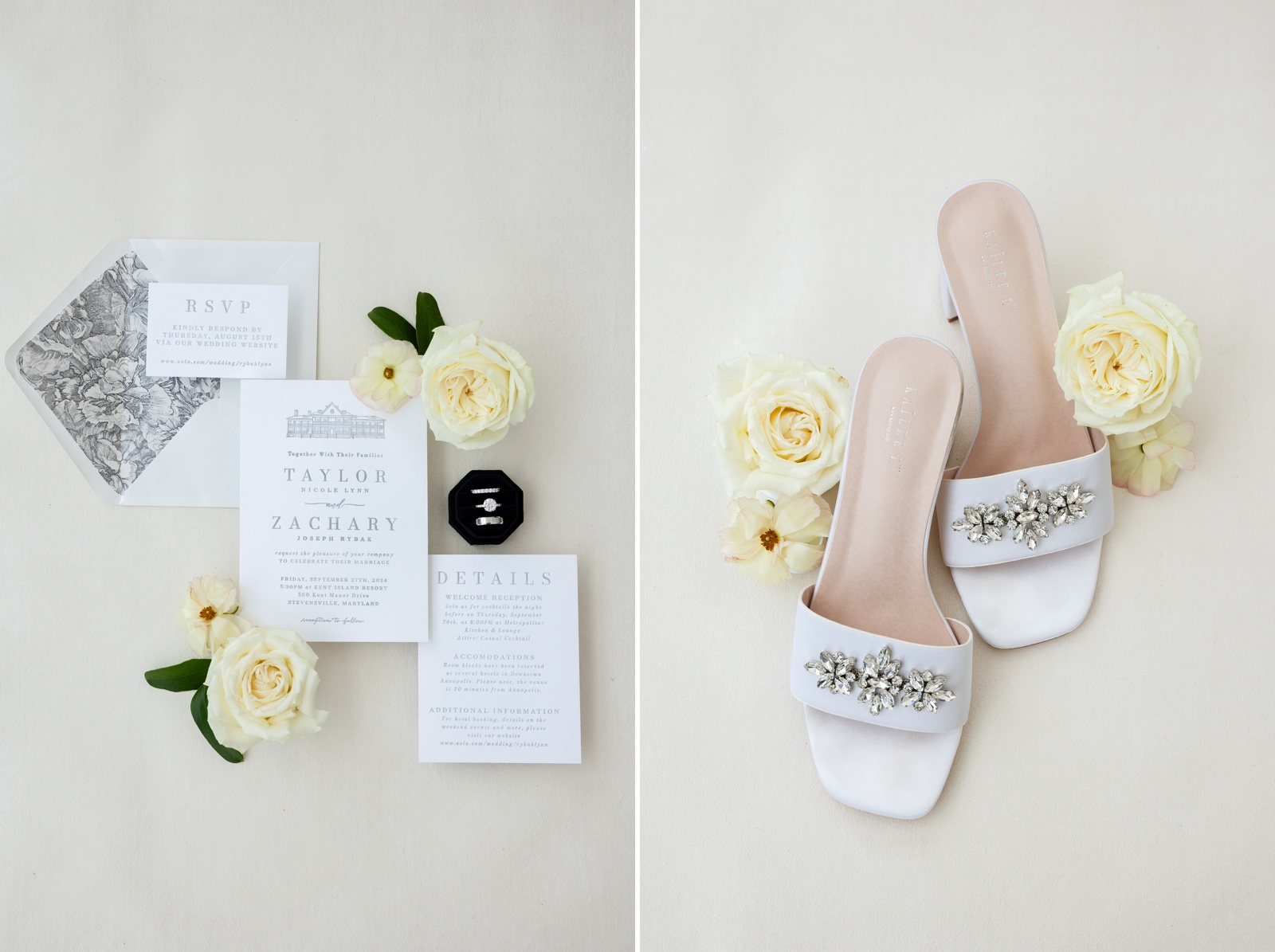 Modern black and white custom wedding invitation suite next to white rhinestone wedding heels for a Maryland wedding