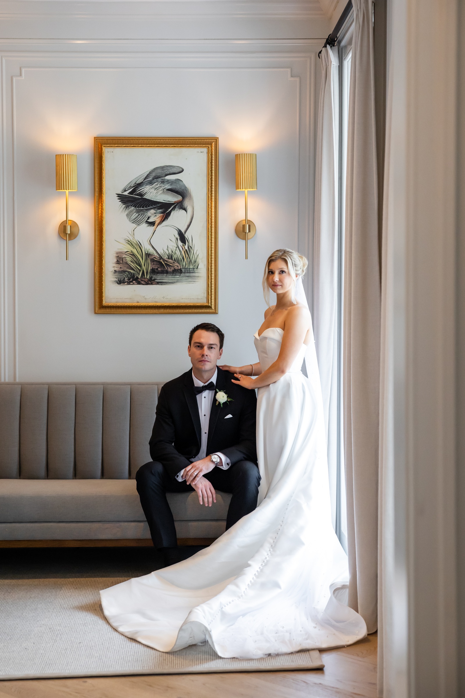 Bride and groom portraits indoors at Kent Island Resort