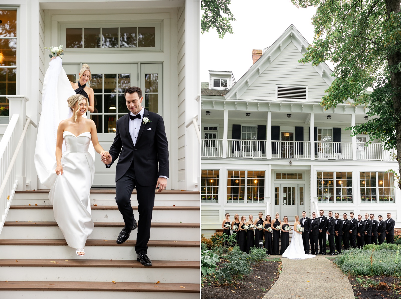 Bride and groom holding hands, walking to their wedding ceremony, next to an image of their wedding party