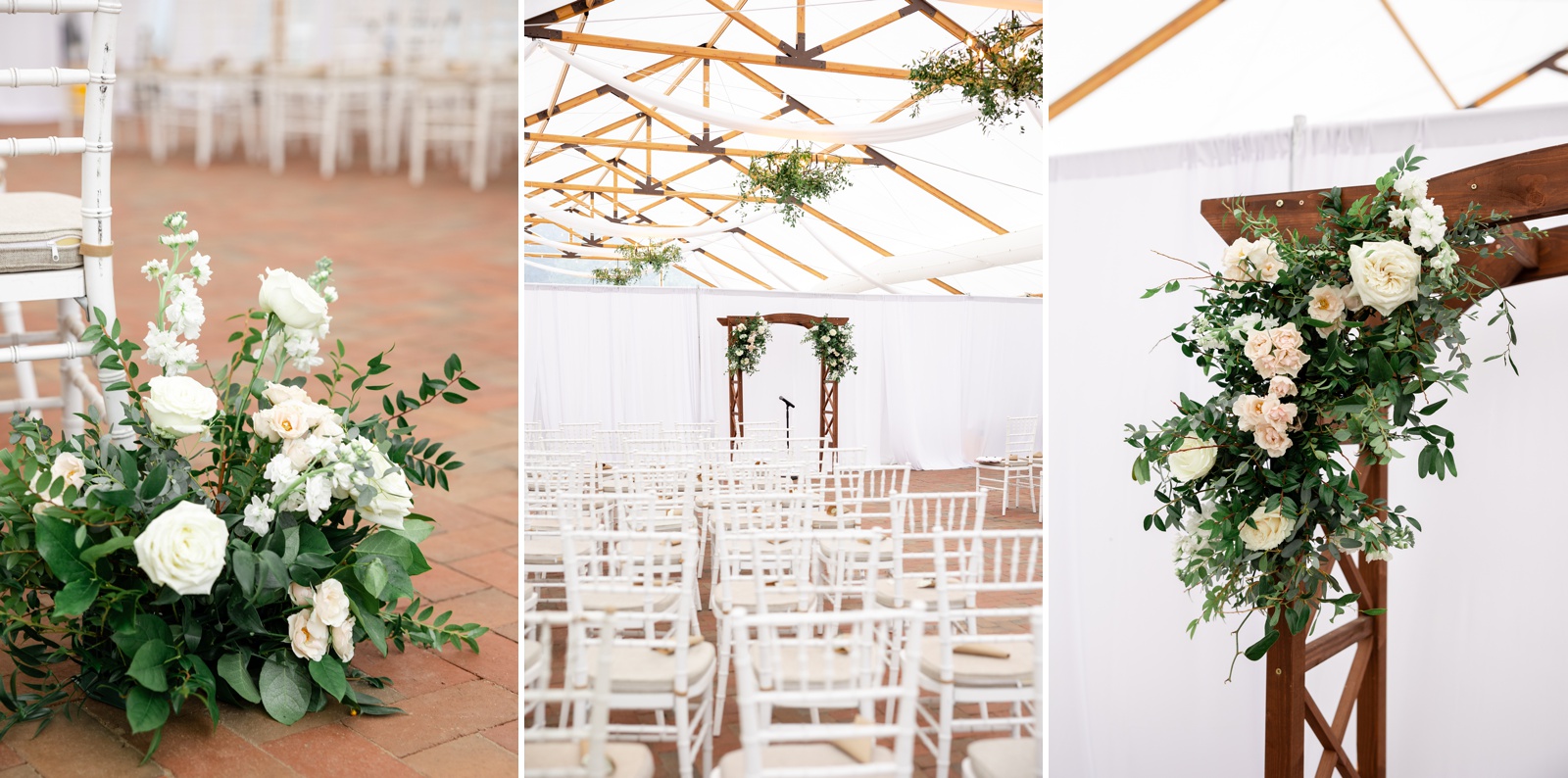 Tented wedding ceremony at Kent Island Resort in The Pavilion. White chairs, flowers and hanging greenery from the chandeliers 