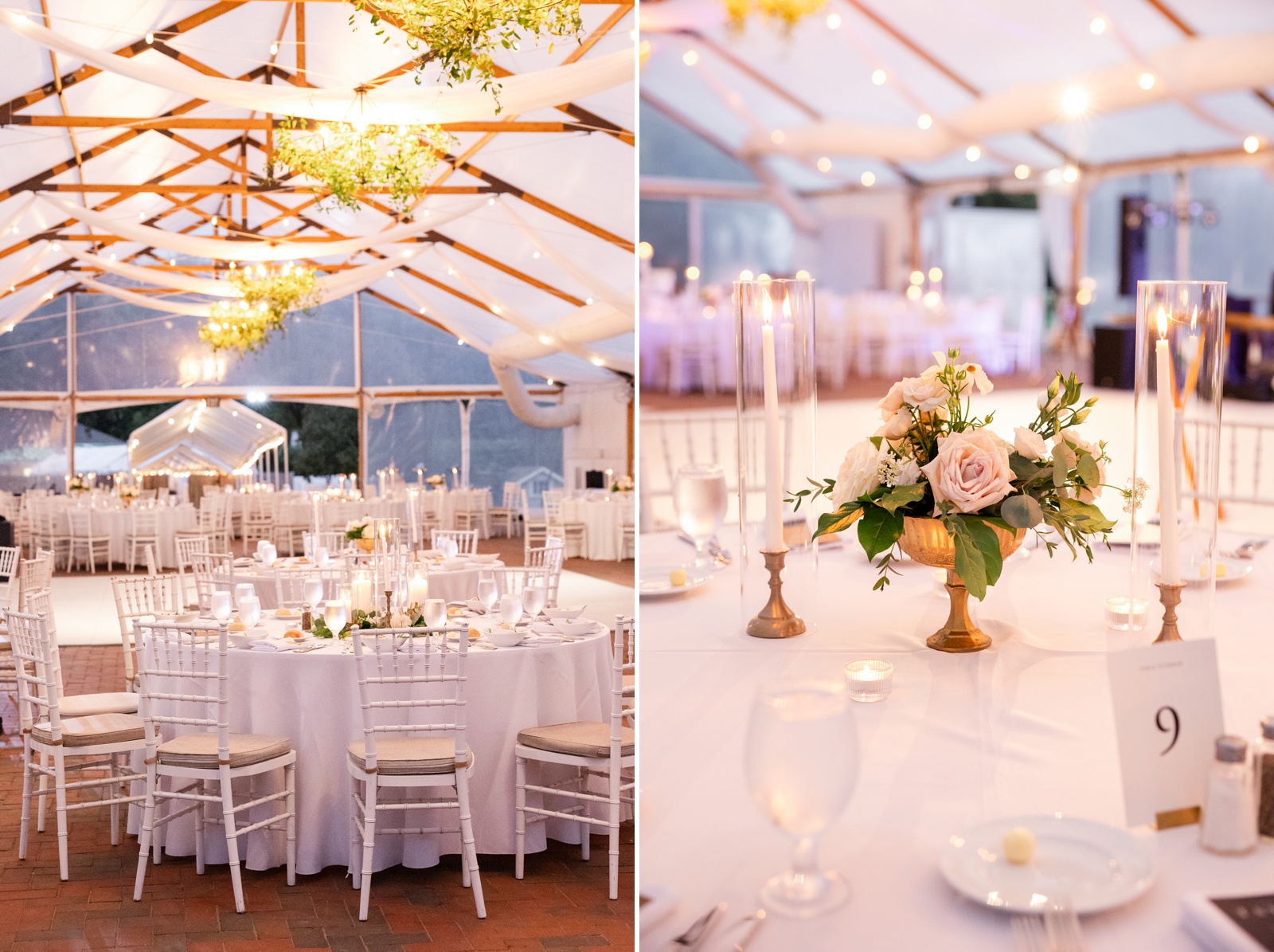 Blush roses and greenery in a gold bud vase on a round wedding reception table, with candlelight.