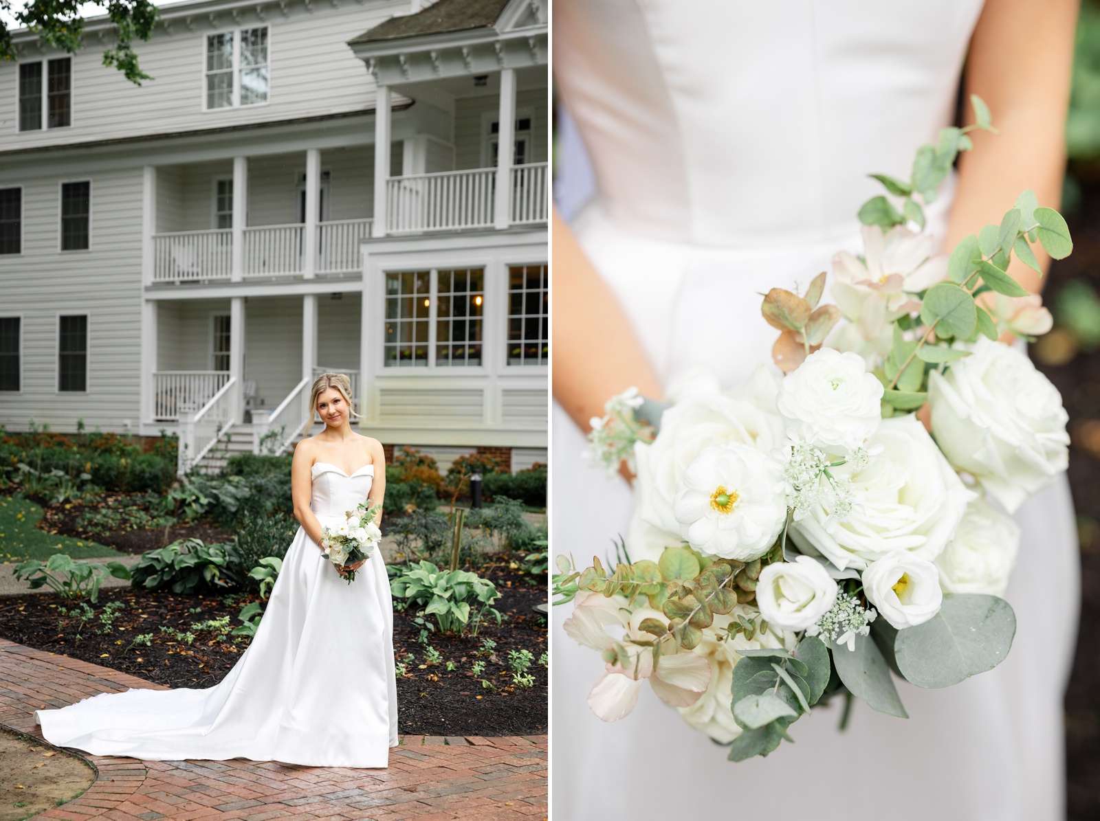 Bride holding a wedding bouquet filled with white flowers and greenery by Carried Away Florals