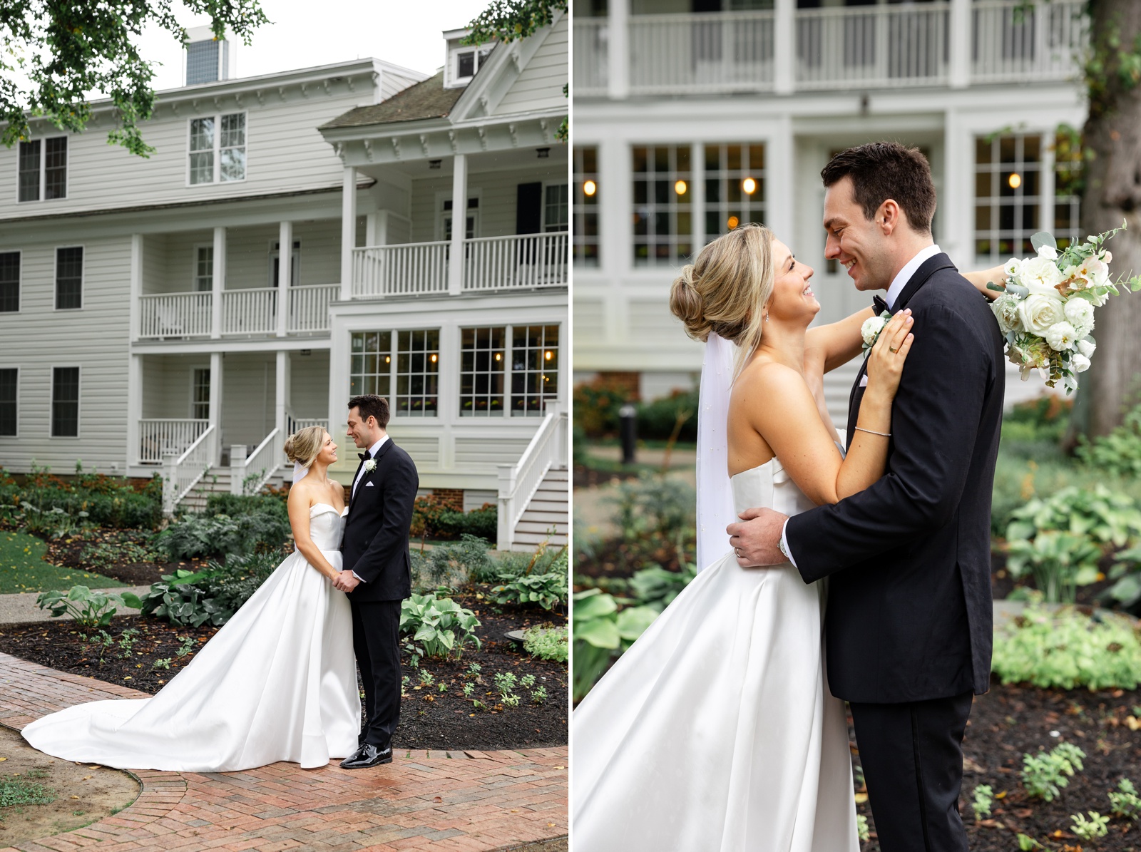 Bride and groom pictures at Kent Island Resort, after a first look. Bride in a satin ballgown, the groom in a black tuxedo.