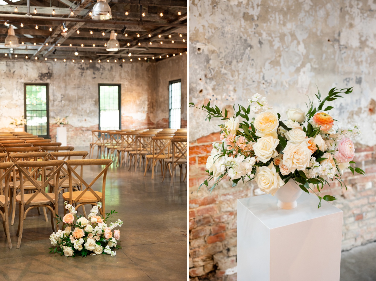 Ivory roses and peach ranunculus in an ivory ceramic bud vase on a white laminate pedestal