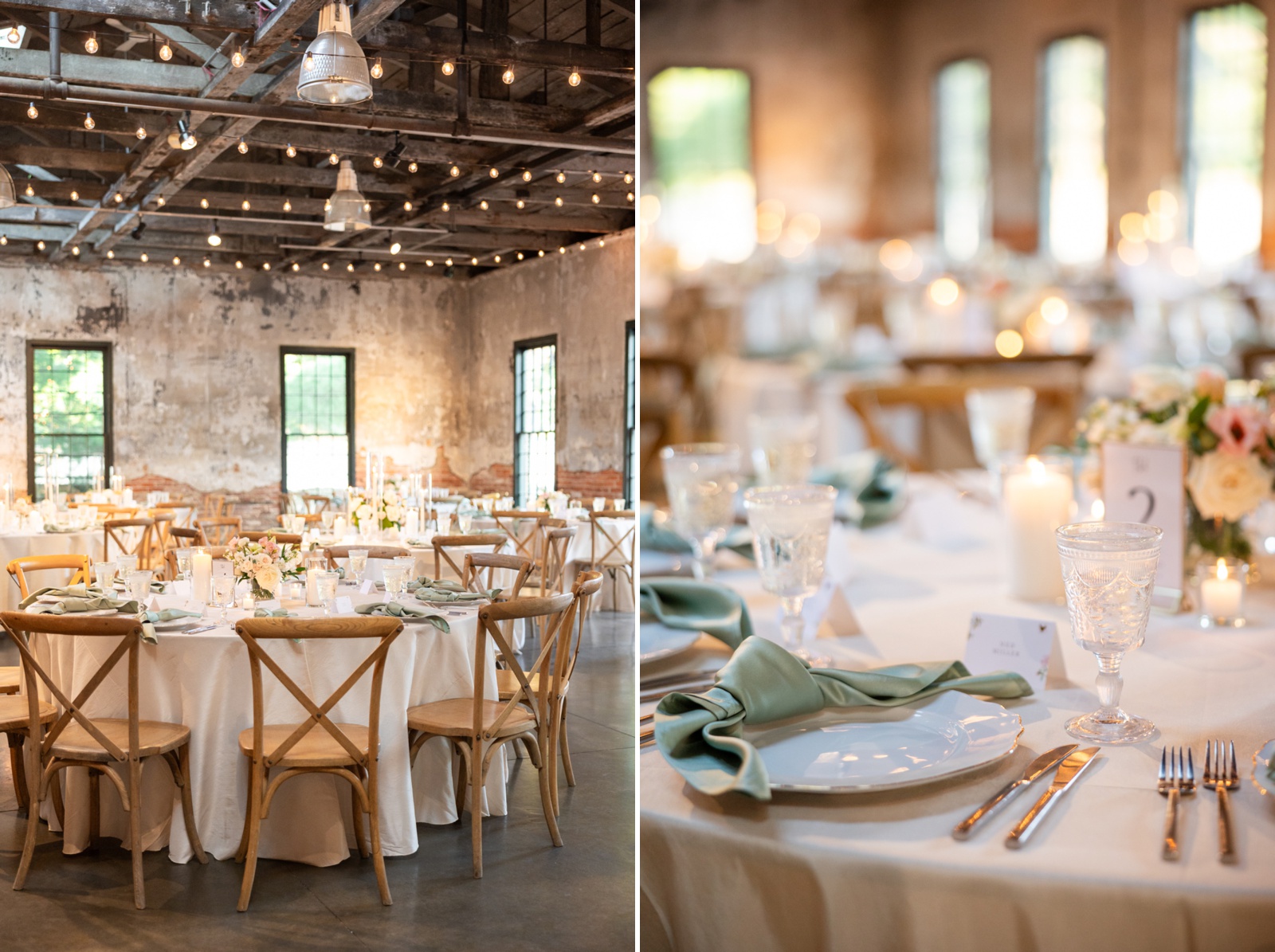 Place setting with a sage green satin napkin and a white scalloped charger plate with a gold rim