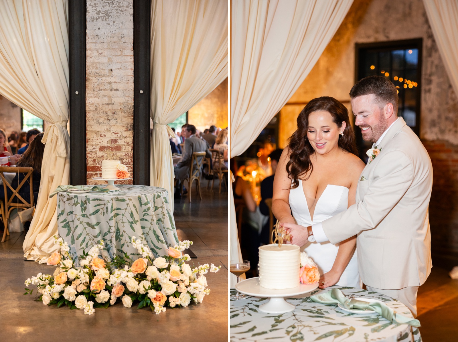 Bride and groom cutting their wedding cake, sitting on a greenery patterned linen and surrounded by flowers