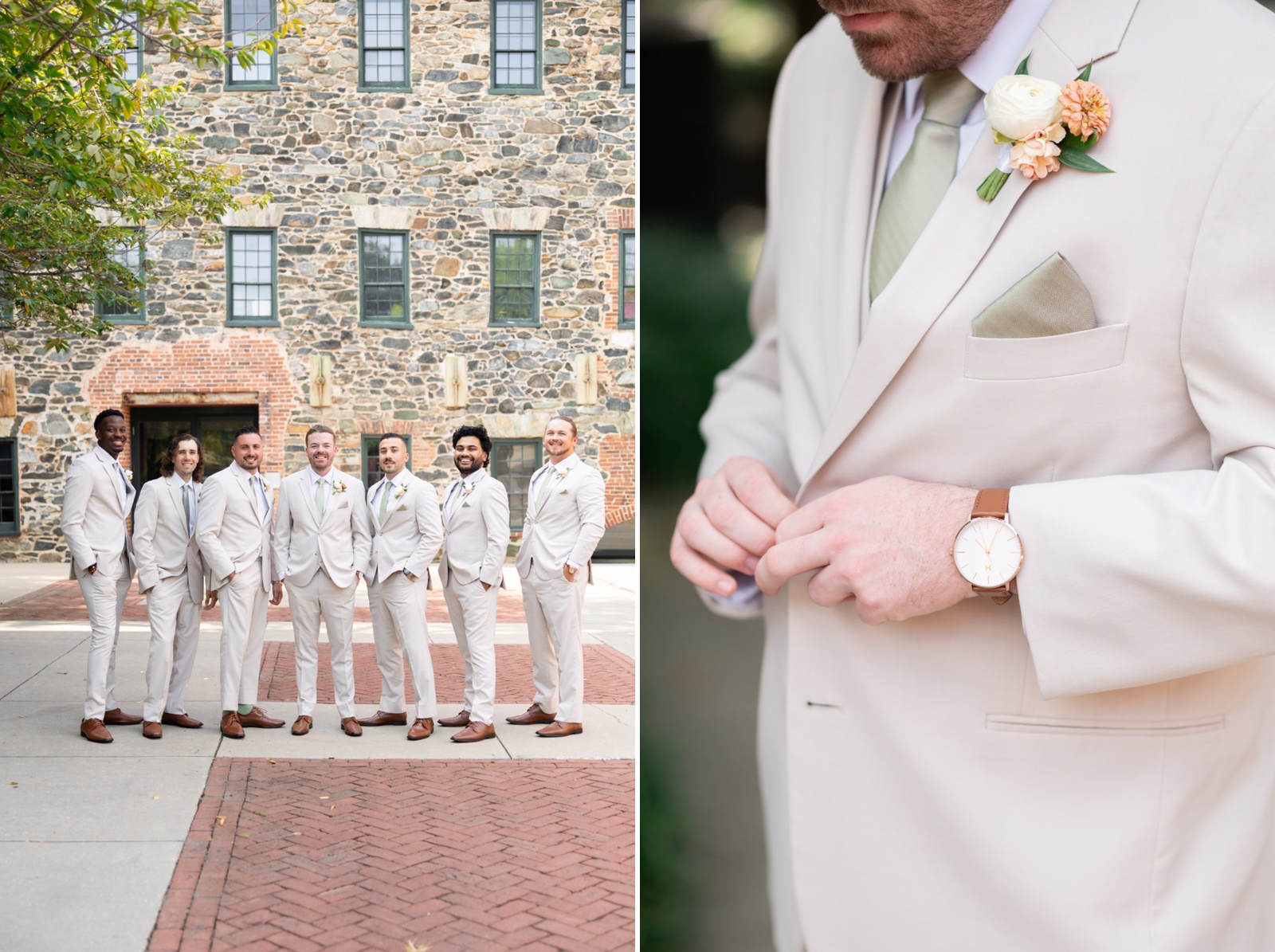 Groom party portraits, with the groom in a cream colored suit