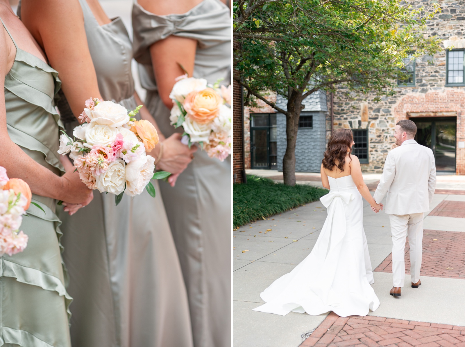 Bridal party portraits at Mt. Washington Mill Dye House, with bridesmaids in sage green and silver gowns