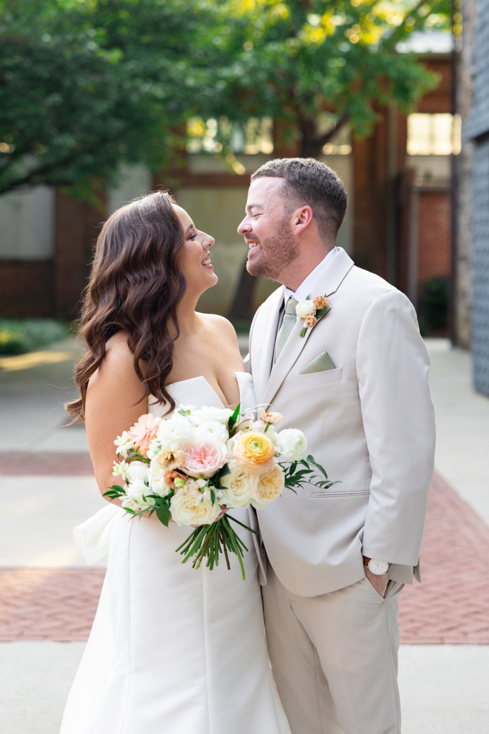 Wedding day bride and groom pictures outside of Mt. Washington Mill Dye House