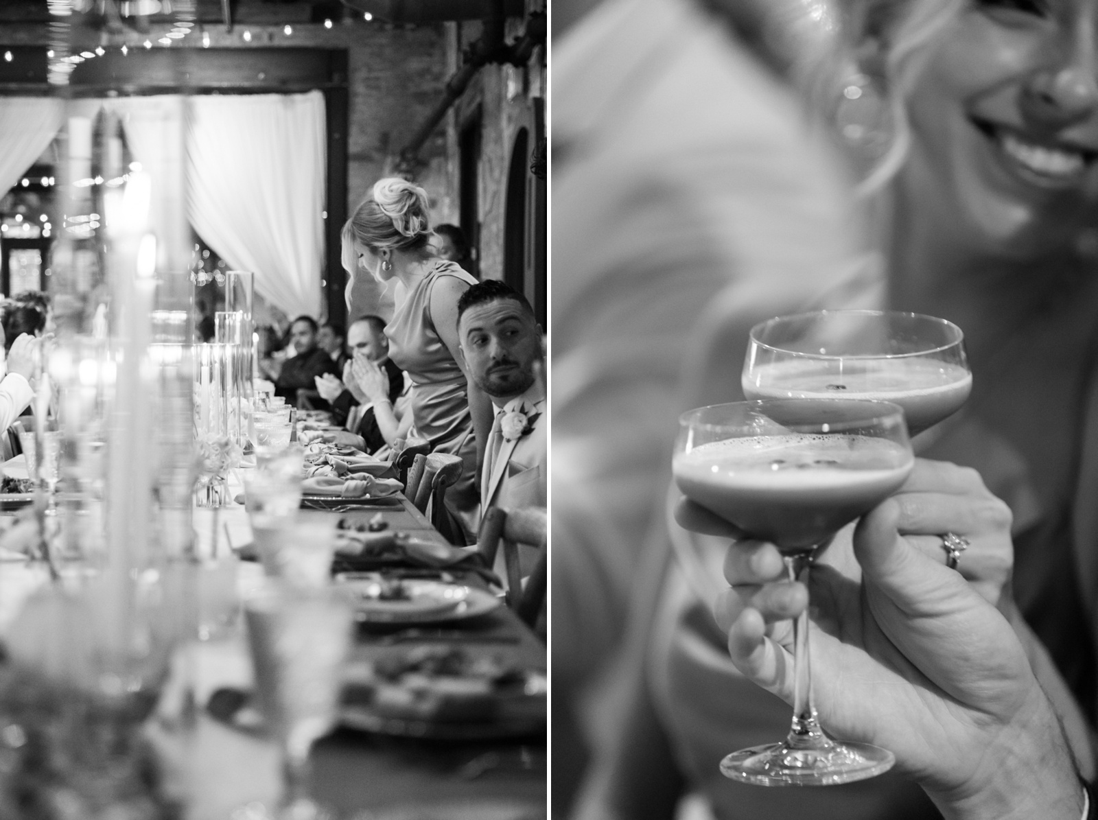 Guests mingling at a wedding reception at Mt. Washington Mill Dye House, with espresso martinis and candlelit dinner tables