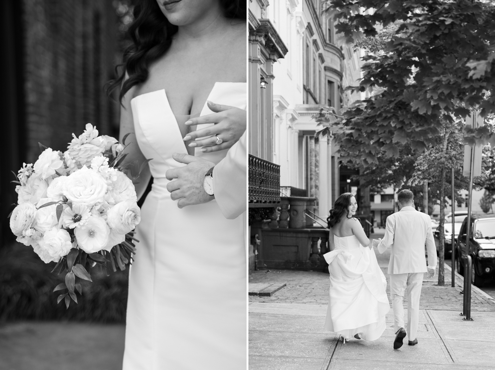 Detail images of a bridal bouquet and downtown Baltimore bride and groom pictures