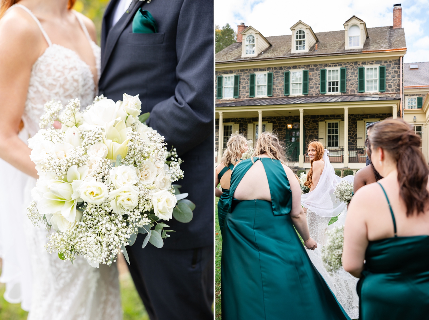 Bride and bridesmaids pictures, with the bridesmaids in green satin gowns, and the bride holding an all white rose and baby breath bridal bouquet