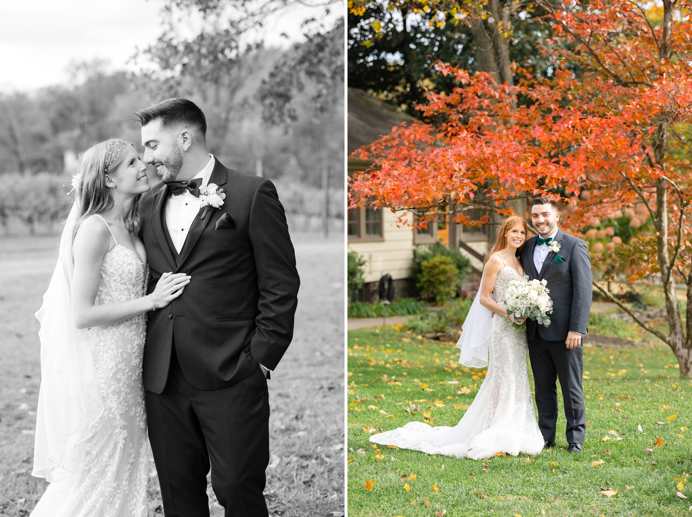 Bride and groom pictures at The Inn at Grace Winery, with fall foliage and all white flower bouquet