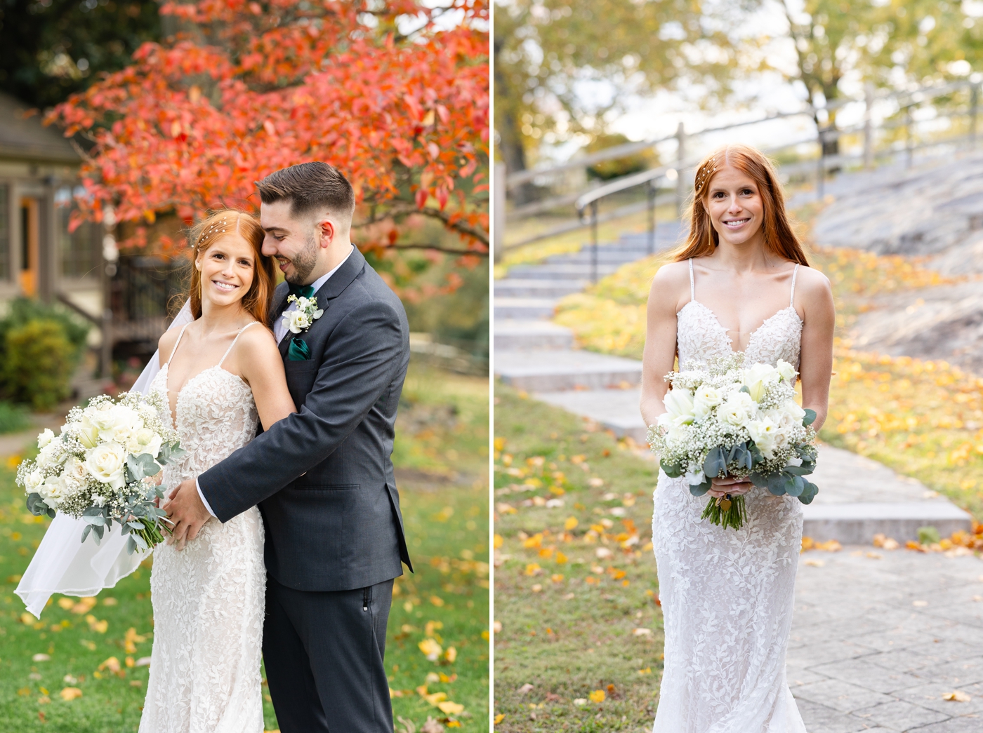 Bride holding an all white rose bouquet for her fall wedding in Pennsylvania 