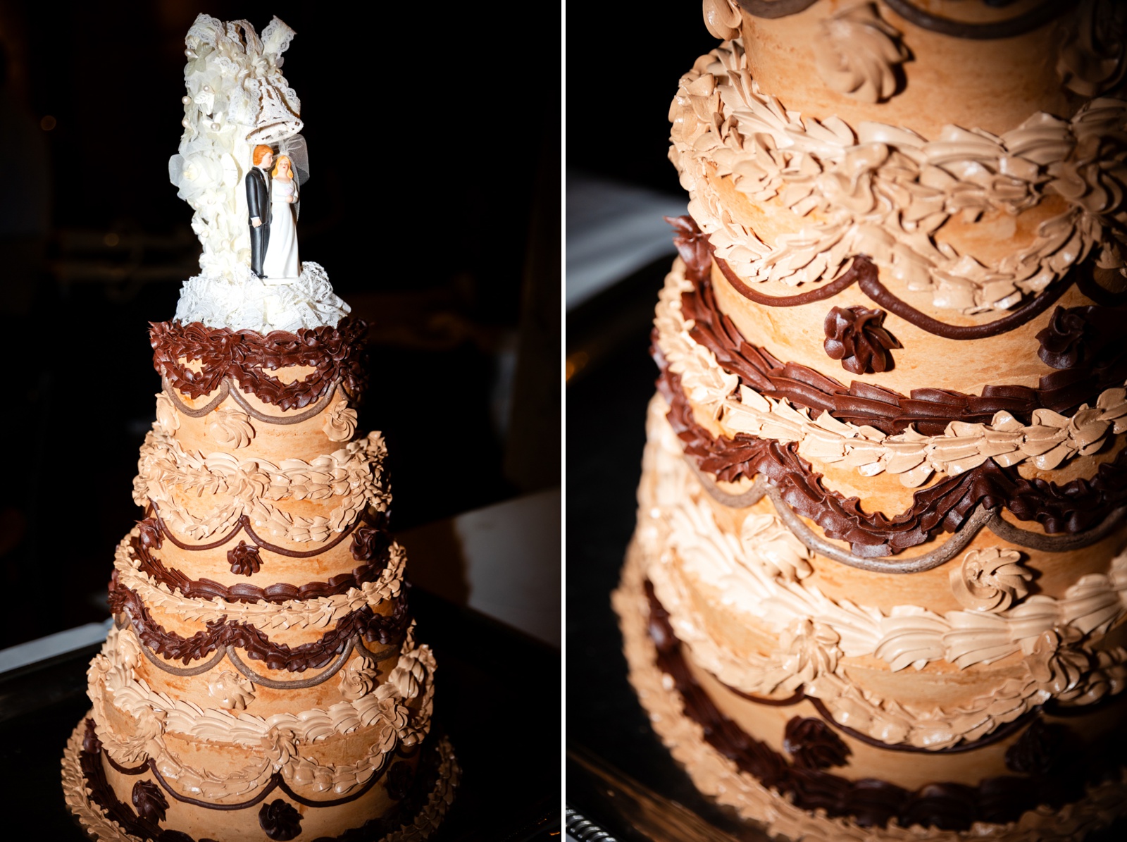 brown wedding cake with vintage cake topper