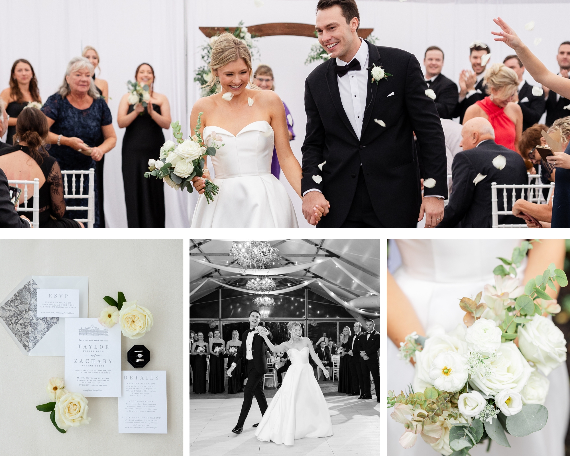 Images of a wedding at Kent Island Resort, with black and white stationery and tented ceremony