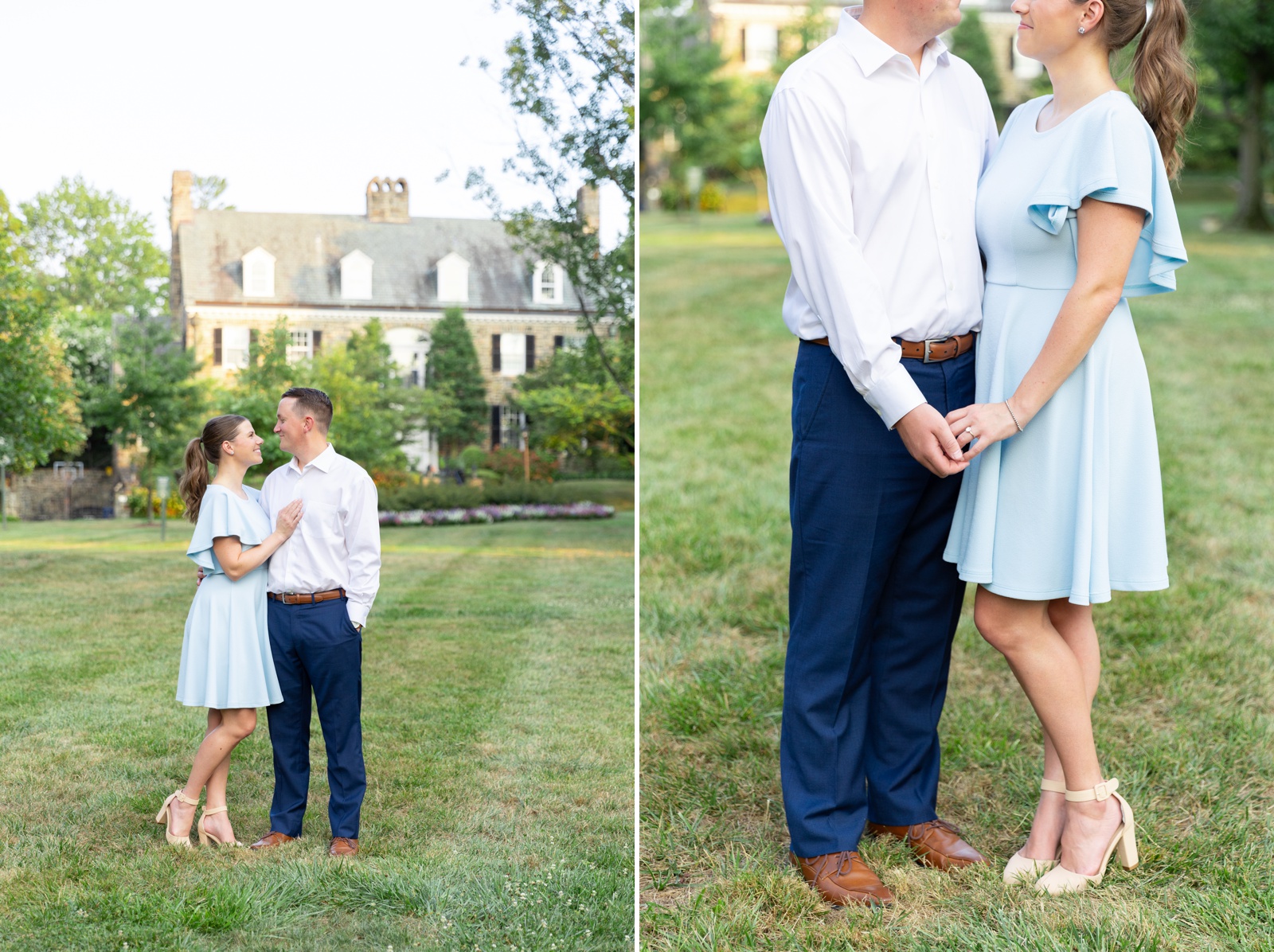 Bride in a blue flutter-sleeve mini dress for her engagement session