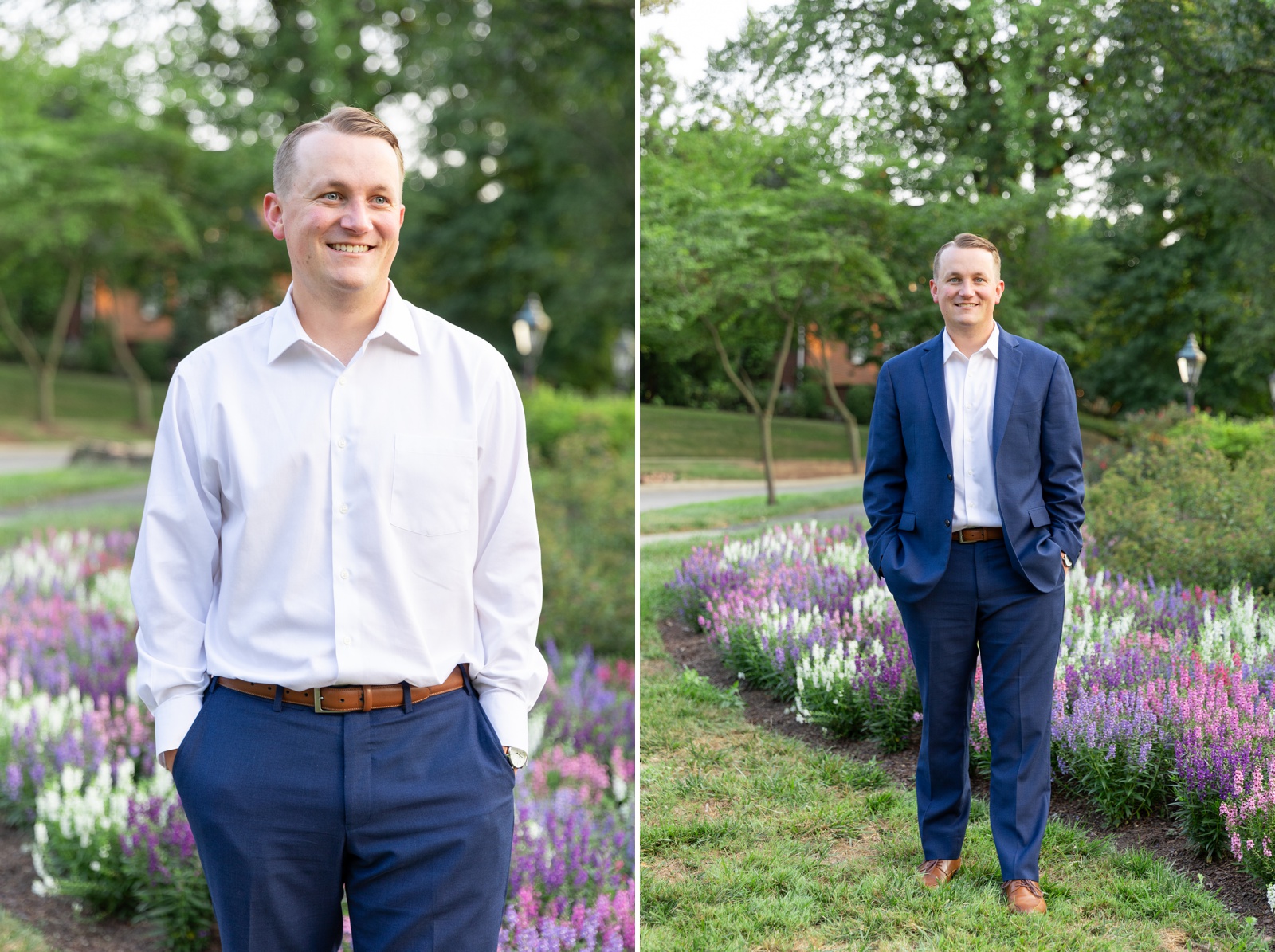 man in navy blue suit for Baltimore engagement session