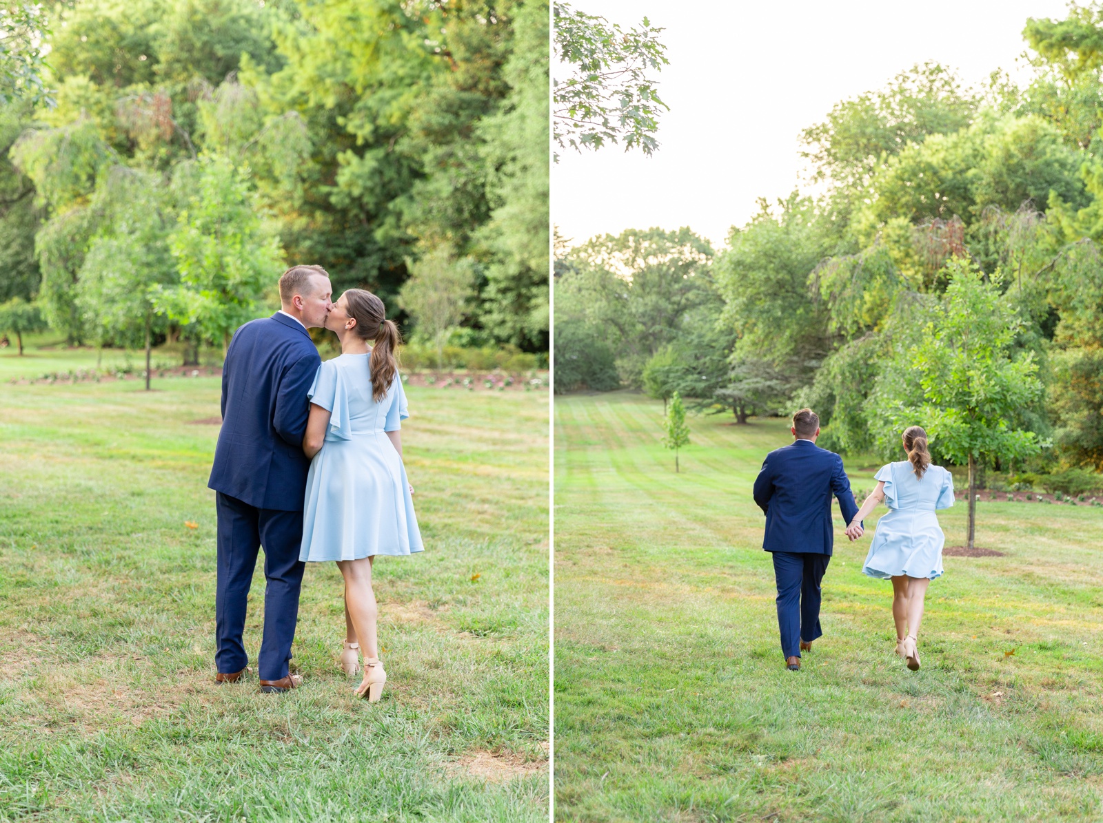 Couple running through a field for their engagement session