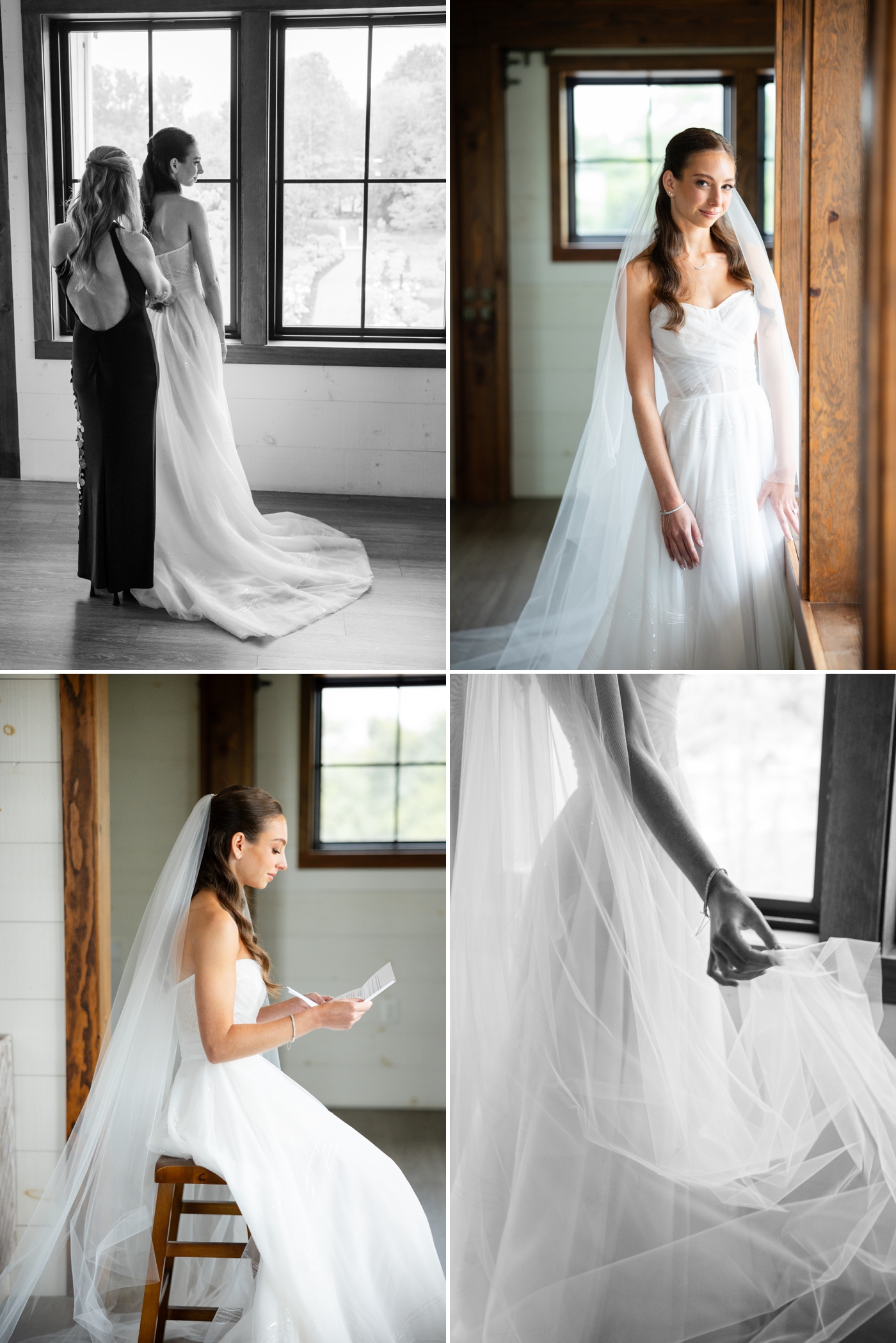 Bride getting ready at Kent Island Resort, wearing a strapless tulle dress