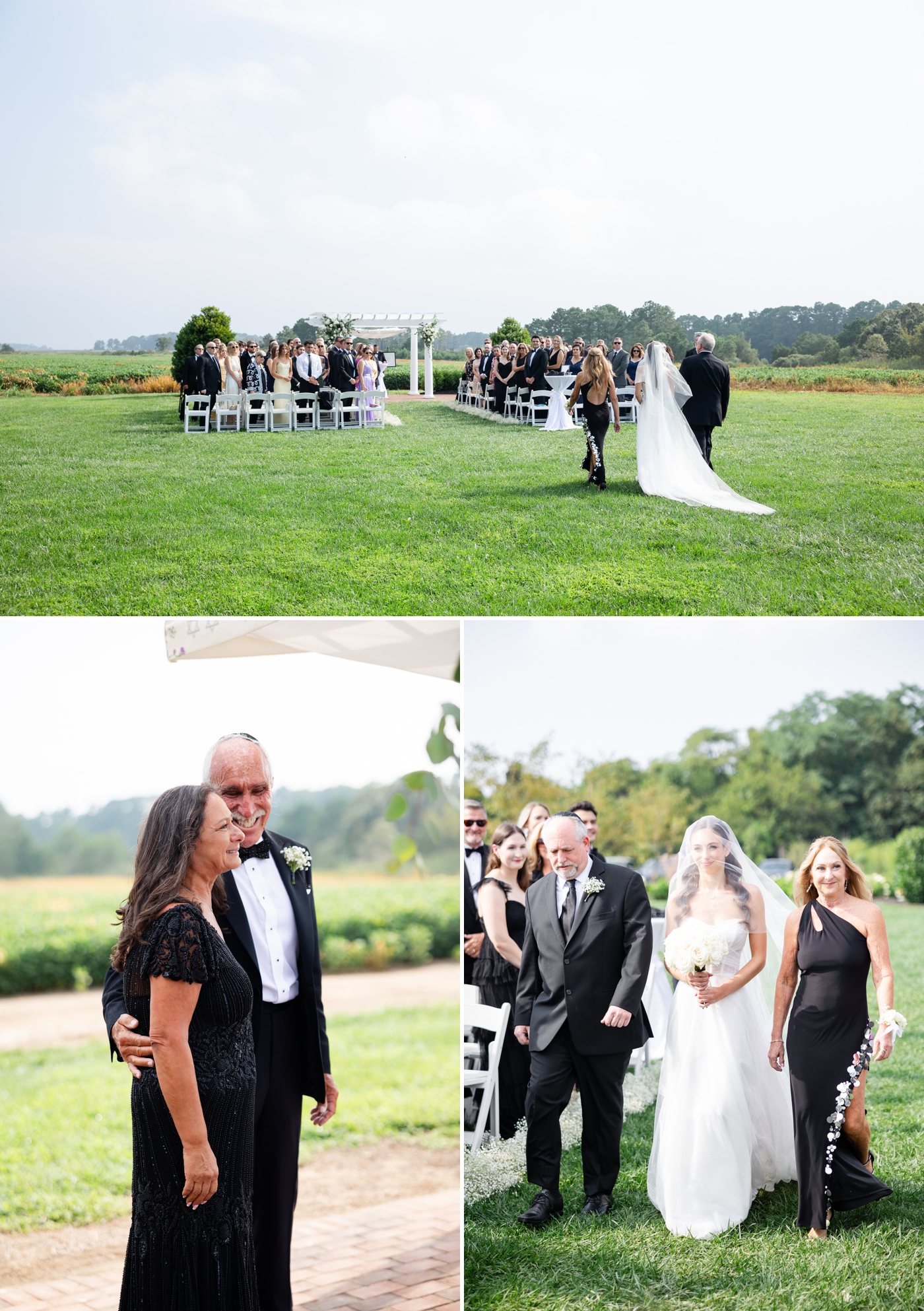 A bride walking down the aisle during their black-tie ceremony at The Farmstead