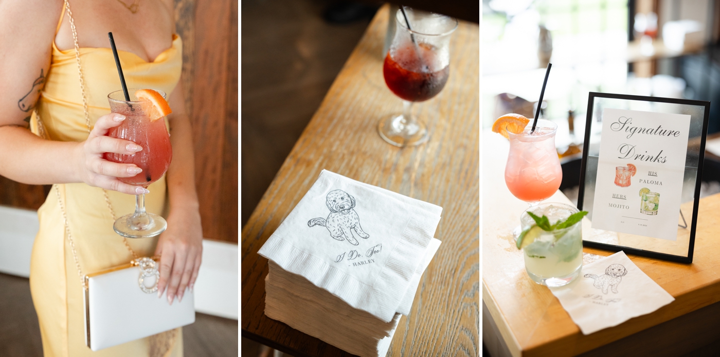 Custom napkins with a dog, and signature drinks for a Maryland Wedding