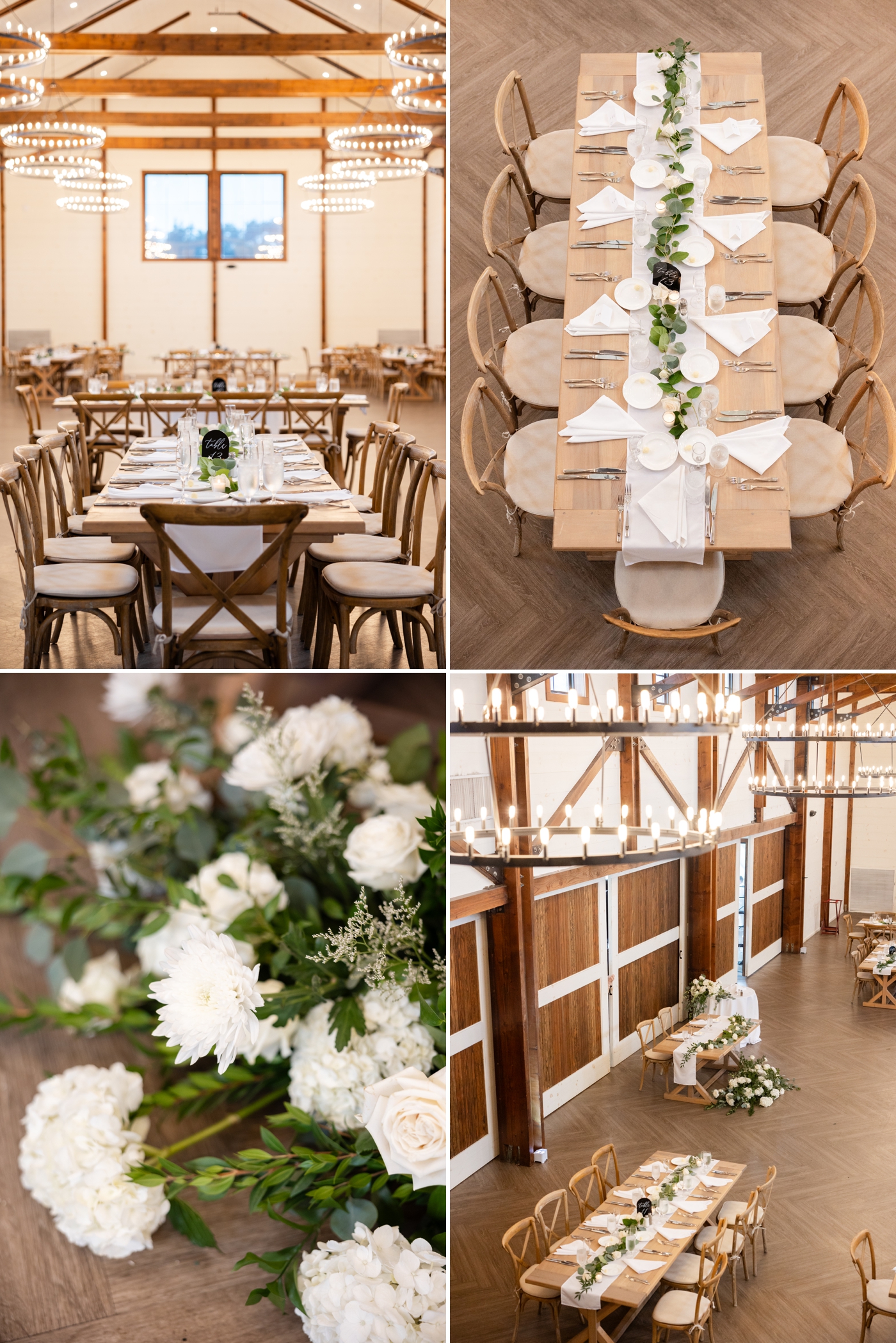 Reception tables adorned with embroidered linens, lush white florals, and gold accents at The Farmstead