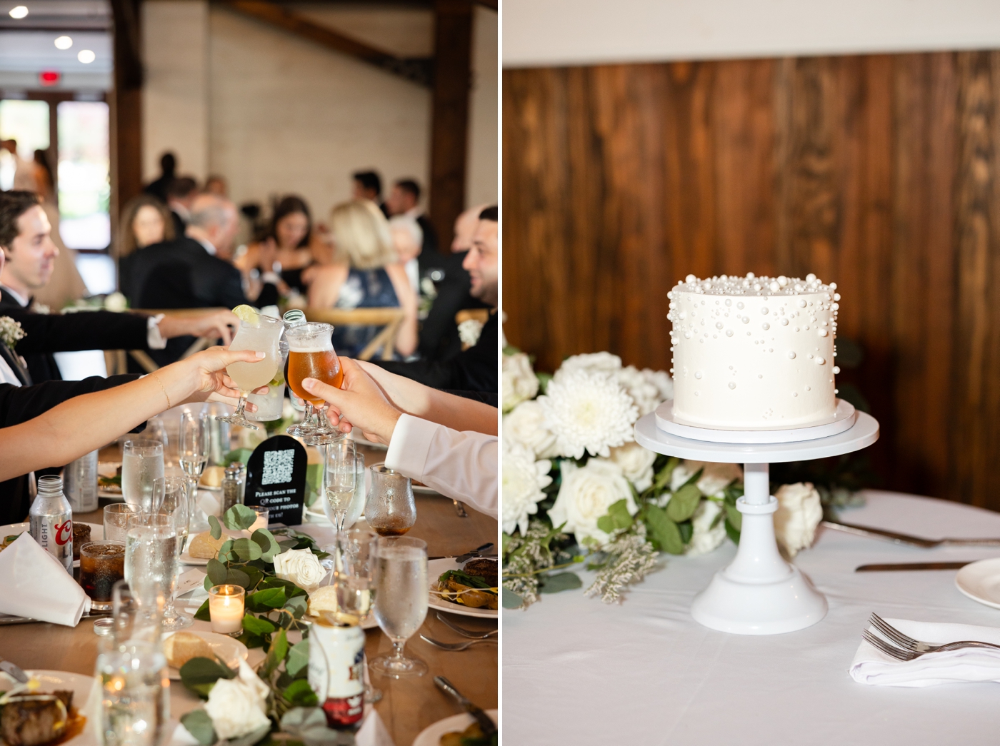 Guests toasting and a simple wedding cake with dots at The Farmstead 