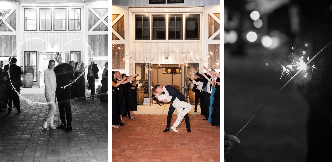 Bride in a custom sweatsuit with a monogram, holding sparklers during the grand exit