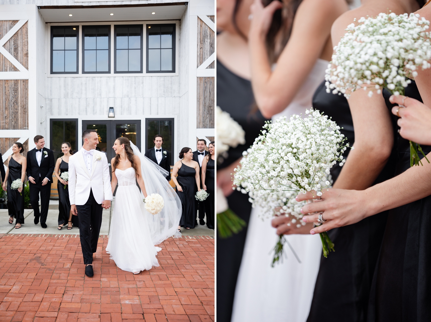 Wedding day pictures, with the bridesmaids in black dresses and holding baby's breath bouquets at Kent Island Resort 