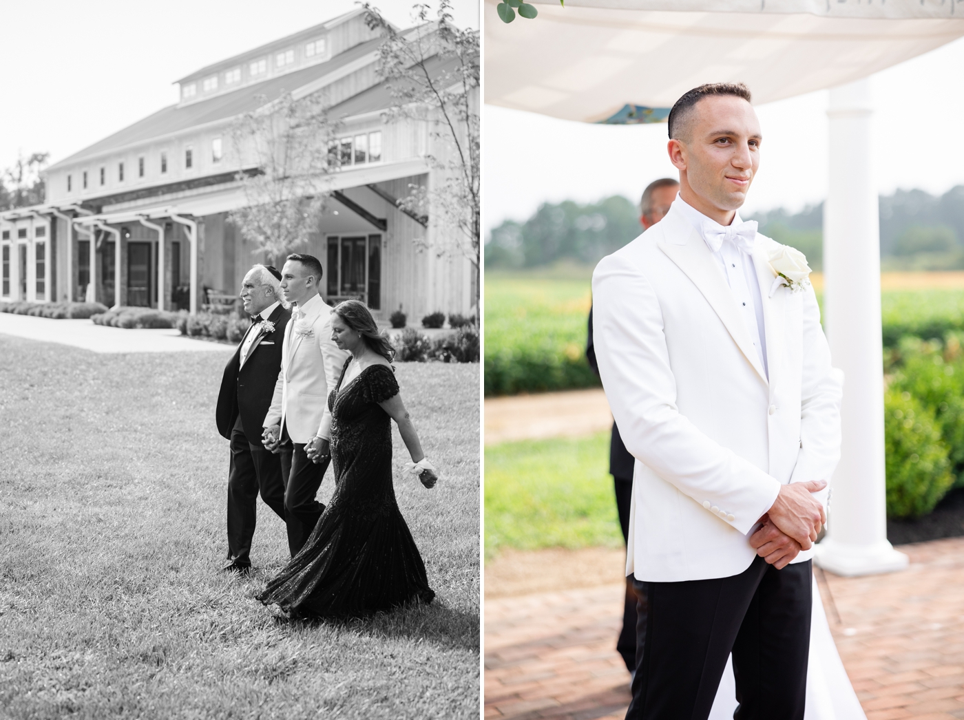 A groom walking down the aisle during their black-tie ceremony at The Farmstead