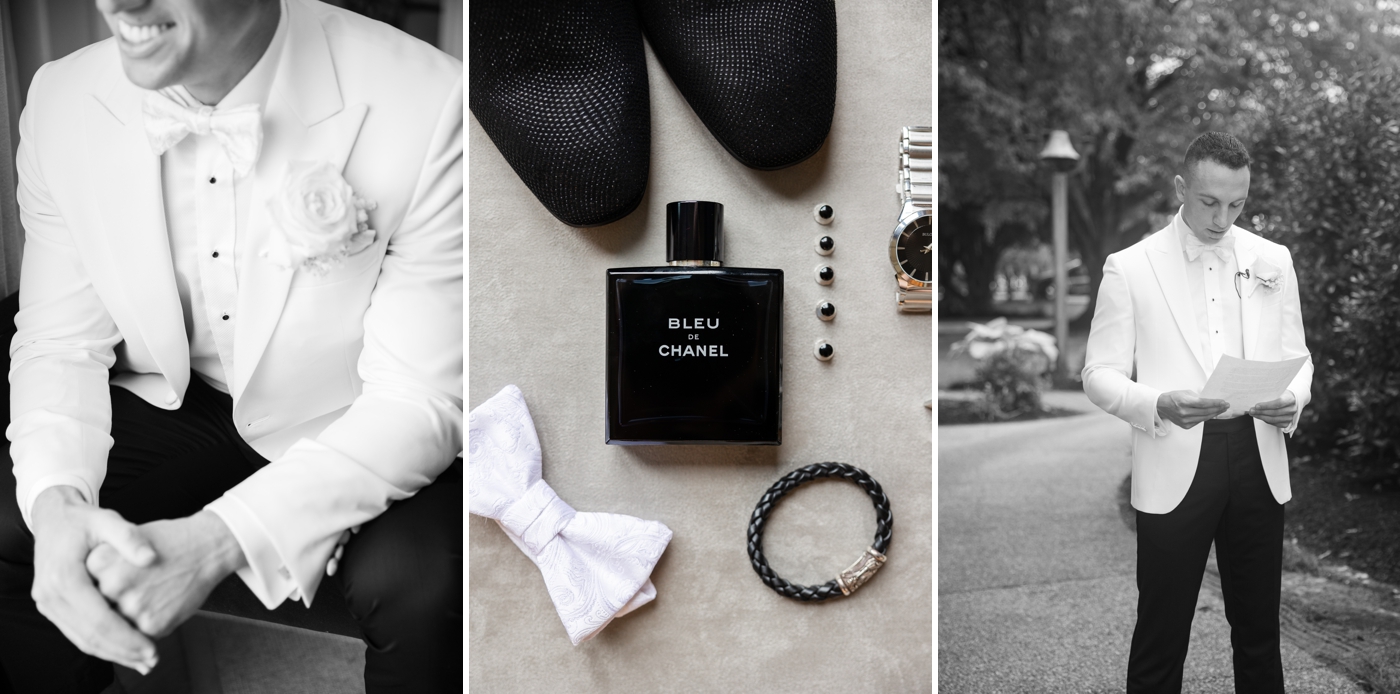 Groom wedding day details, including black and white portraits of a groom in a white tuxedo 